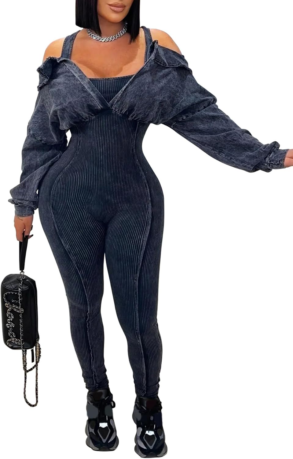 DINGANG Fall Outfits for Women's Sexy One Piece Jumpsuits Lantern Long Sleeve Bodycon Ribbed Romper