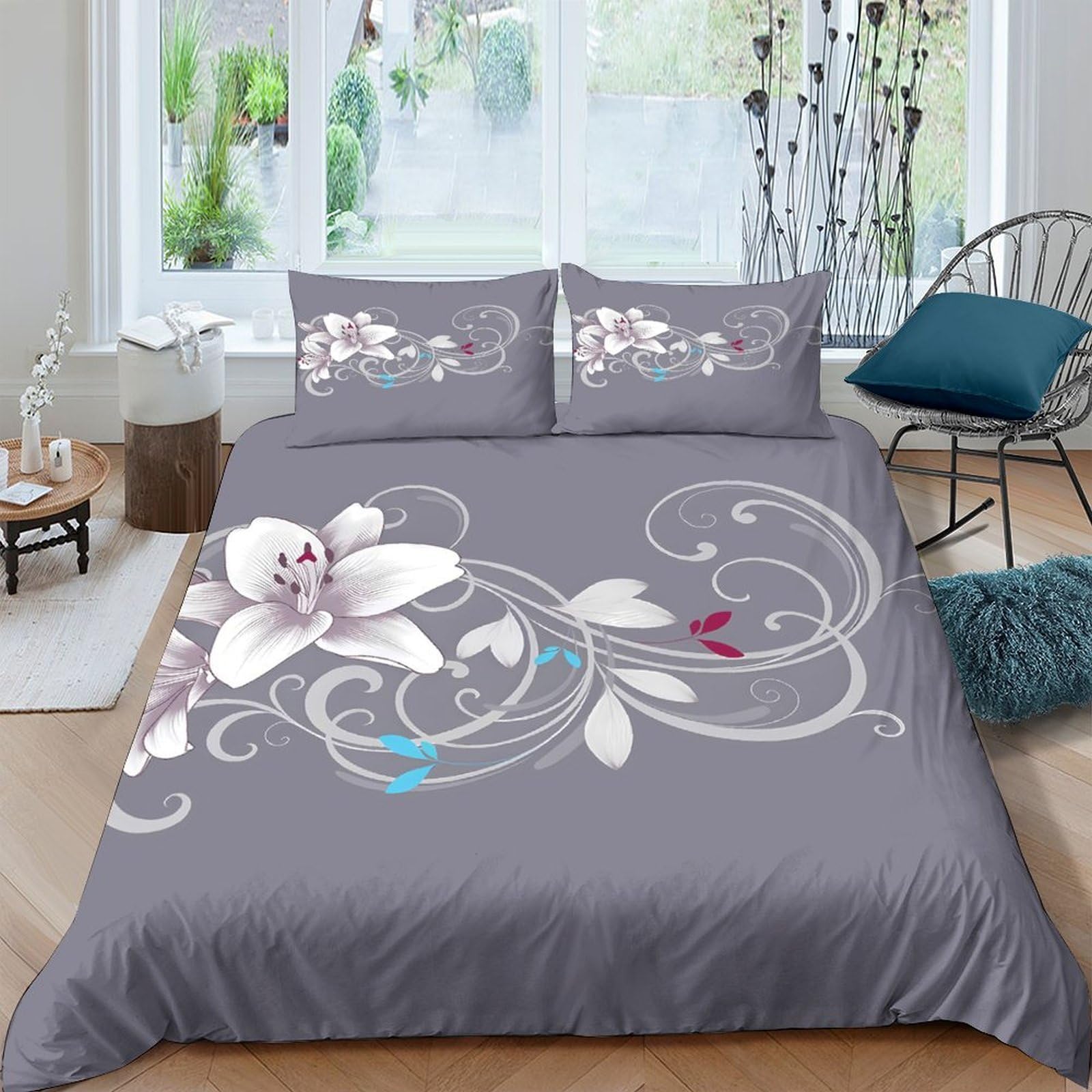 P5V6M1Q9 3D Printed Floral Orchid Duvet Cover Microfiber Soft Breathable Abstract Pattern Bedding Set with 2 Pillowcases for Bedroom Home Decor Single（135x200cm）