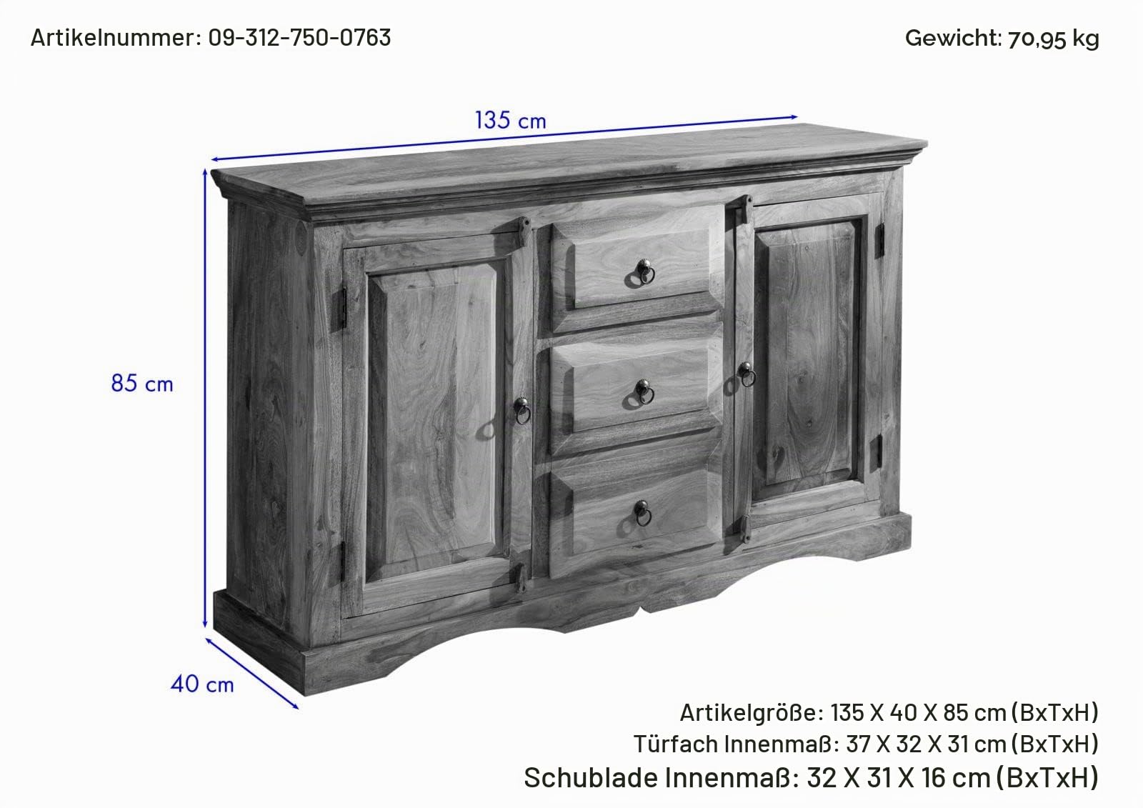 MASSIVMOEBEL24.DE Sideboard Sheesham grau geölt LEEDS #42