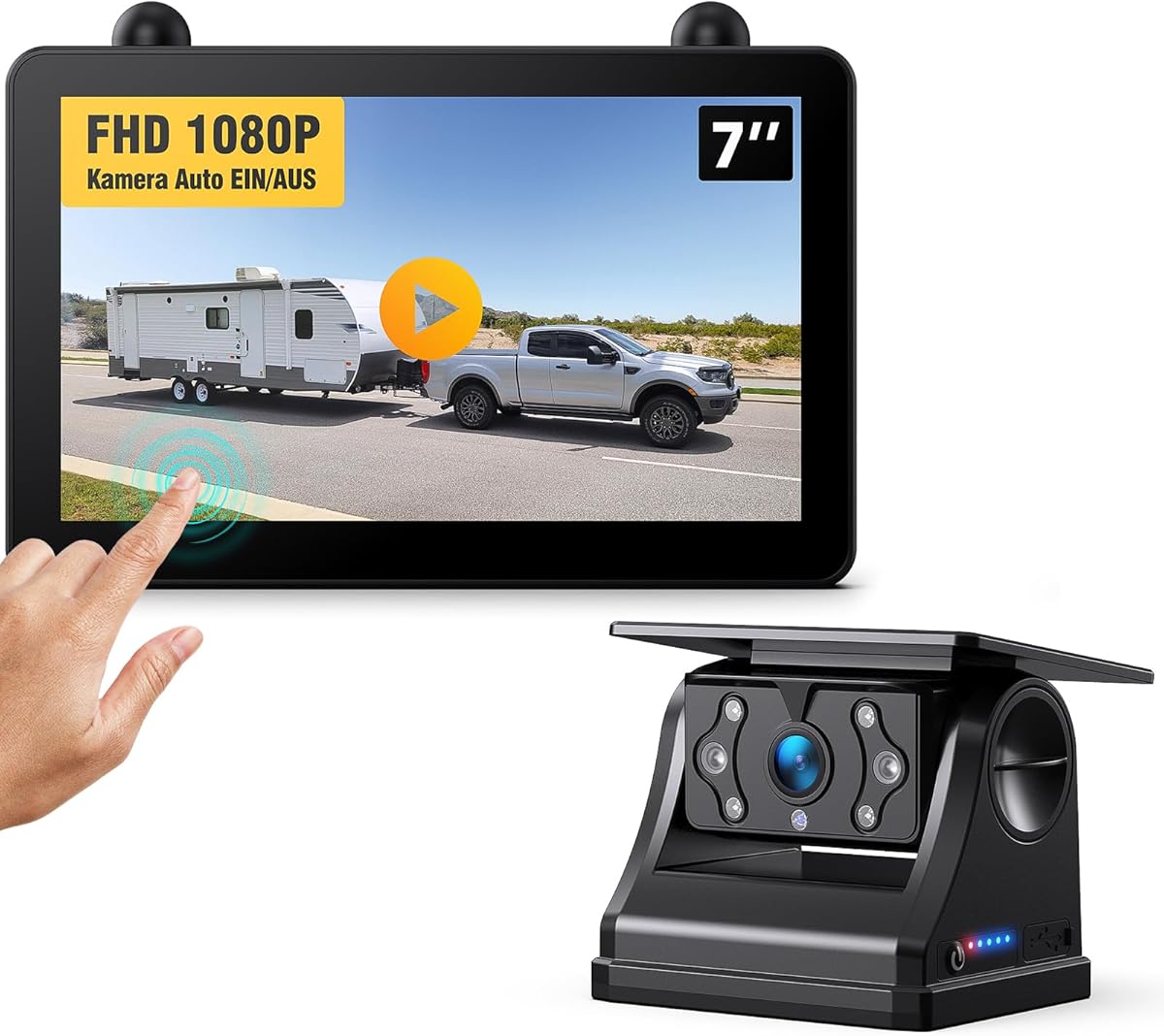 eRapta Magnetisch Solar Rückfahrkamera Kabellos mit 7" 1080P Touchscreen Monitor: 12000mAh Akku, 1 Min DIY Installation, IP69K Wasserdicht Rückfahrkameras für Wohnmobil Wohnwagen Anhänger LKW