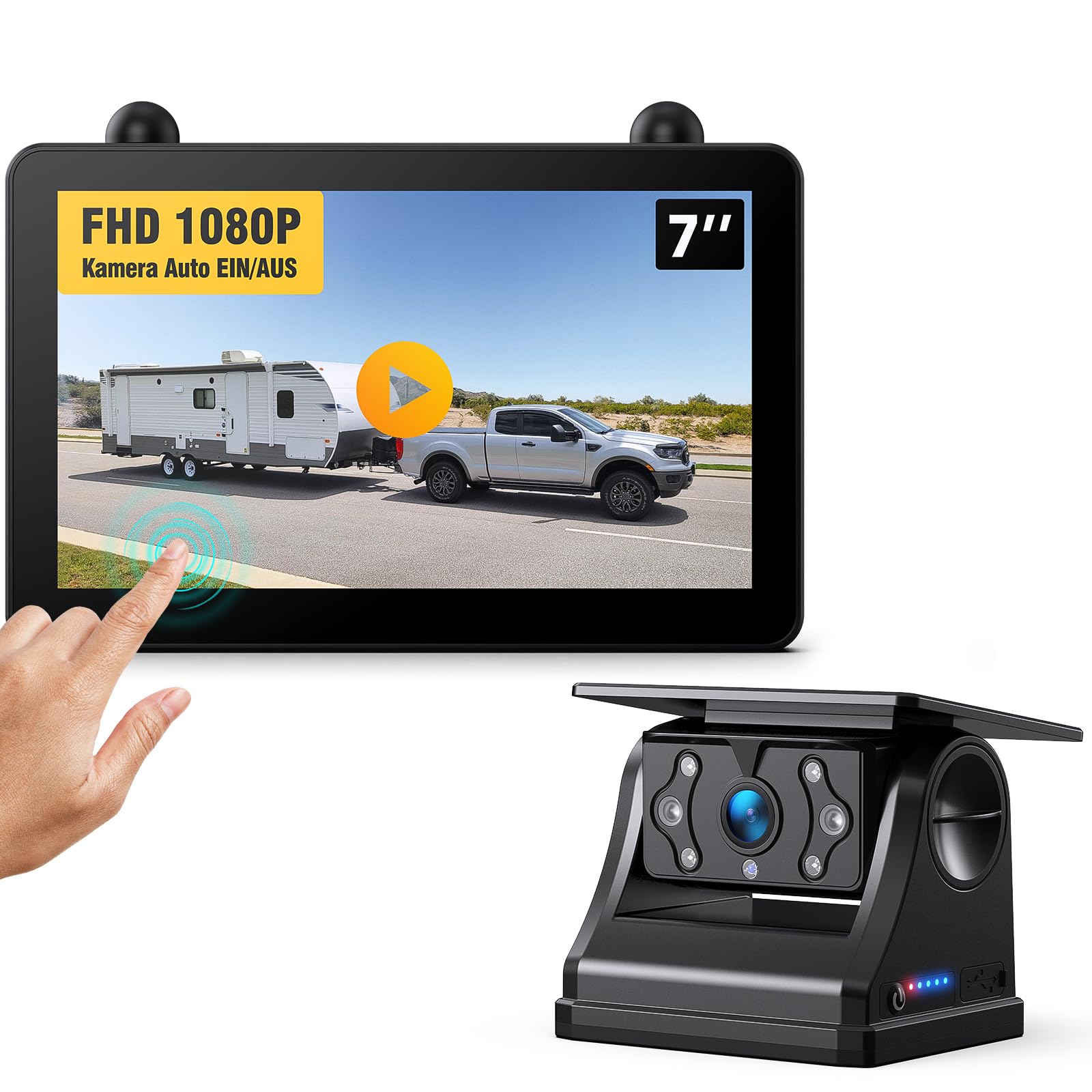 eRapta Magnetisch Solar Rückfahrkamera Kabellos mit 7" 1080P Touchscreen Monitor: 12000mAh Akku, 1 Min DIY Installation, IP69K Wasserdicht Rückfahrkameras für Wohnmobil Wohnwagen Anhänger LKW