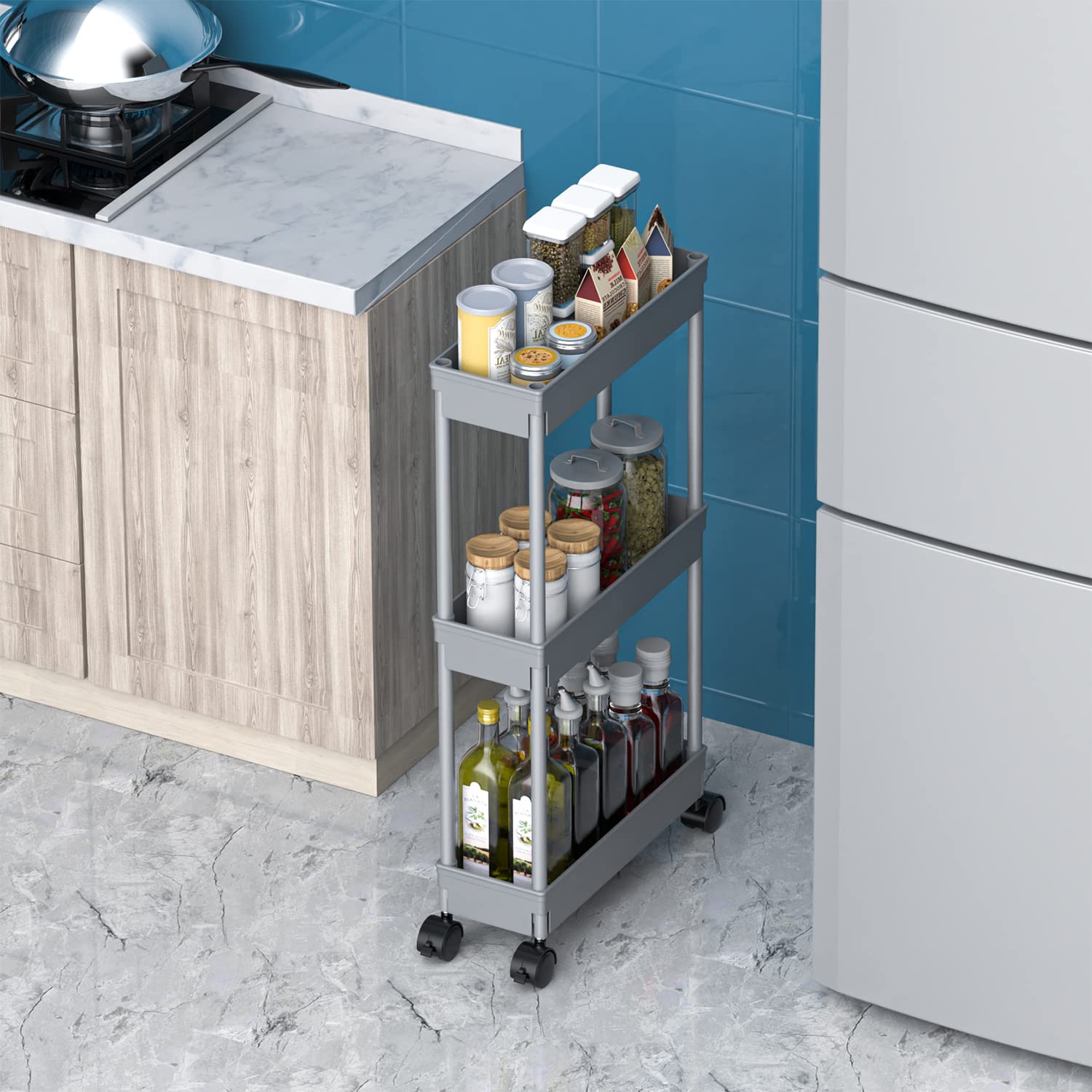 Sooyee Chariot de Rangement Fin à 3 Niveaux pour Salle de Bain, Chariot de Rangement Coulissant, étagère Mobile pour Bureau, Salle de Bain, Cuisine, buanderie, endroits étroits, Gris
