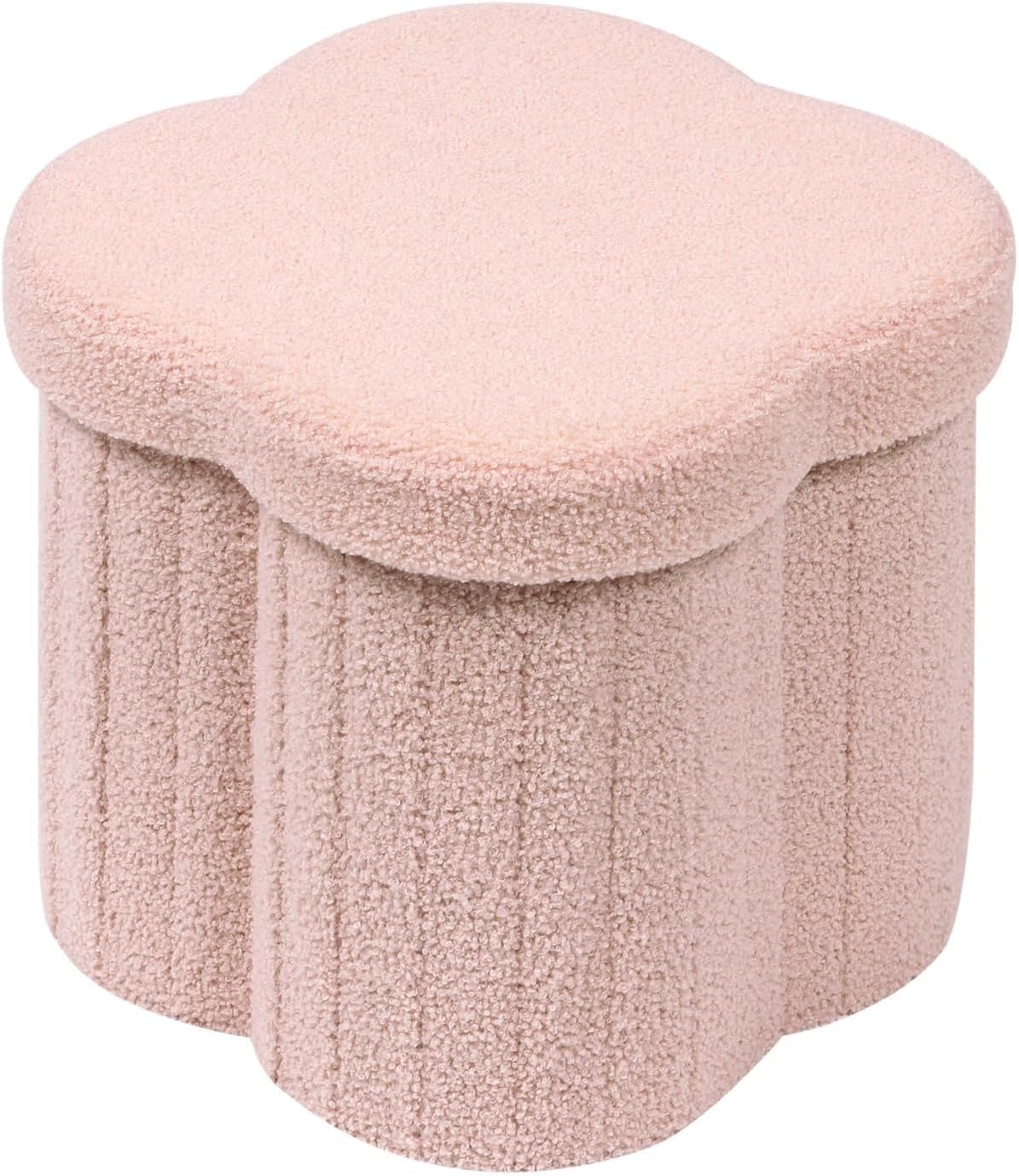B FSOBEIIALEO Storage Ottoman Cube, Flowers Shaped Ottomans with Storage Foot Stool Footrest for Lving Room, Boucle Ottoman Seat for Dorm Room,Faux Teddy Fur, Pink 12.6″x12.6″x12.6″