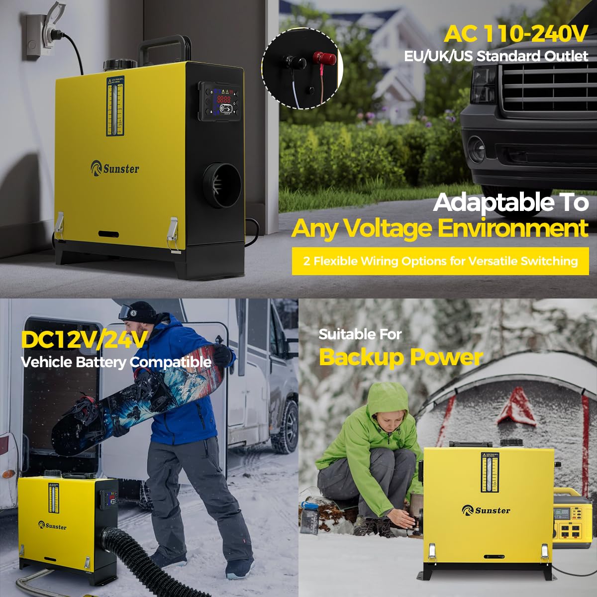 Sunster 8 kW Chauffage diesel, 12V/24V DC & 240V AC Chauffage à air diesel tout-en-un avec adaptateur, télécommande et écran LCD, Chauffe rapidement, Chauffage diesel portable pour camion, fourgon