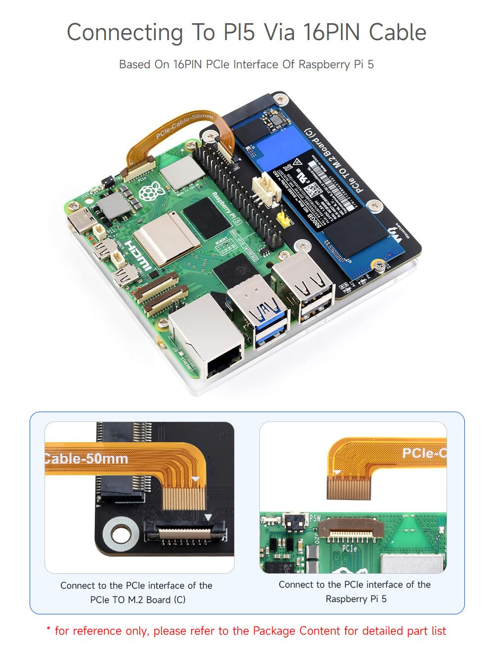 Waveshare PCIe To M.2 Adapter Board (C) For Raspberry Pi 5, Supports NVMe Protocol M.2 Solid State Drive, High-Speed Reading/Writing, With Transparent Acrylic Mounting Plate, Side-Mounting Solution