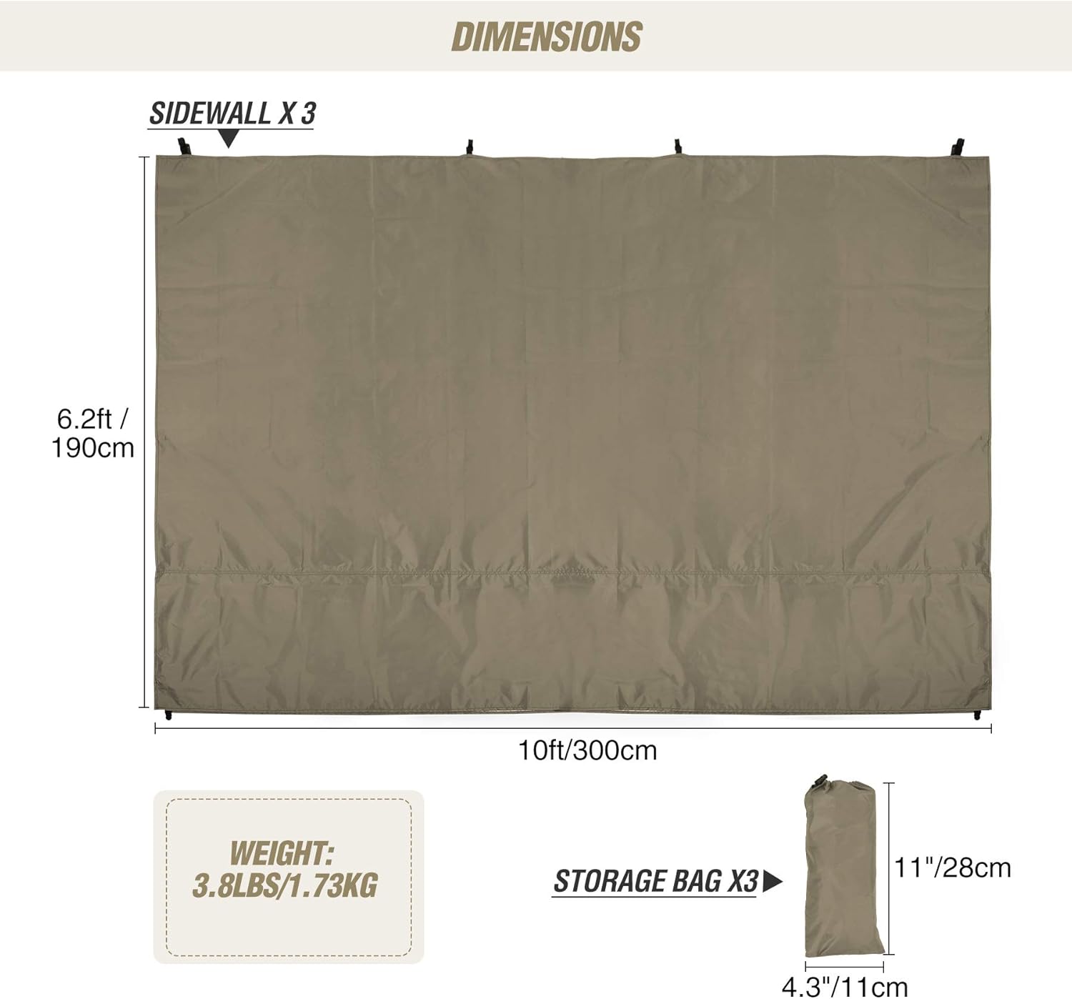 REDCAMP Instant Canopy Sidewall for 10x10ft Pop Up Canopy, 10x6.2ft, 3 Pack Sunwall, Khaki (3 Sidewalls Only, Canopy Tent NOT Included)