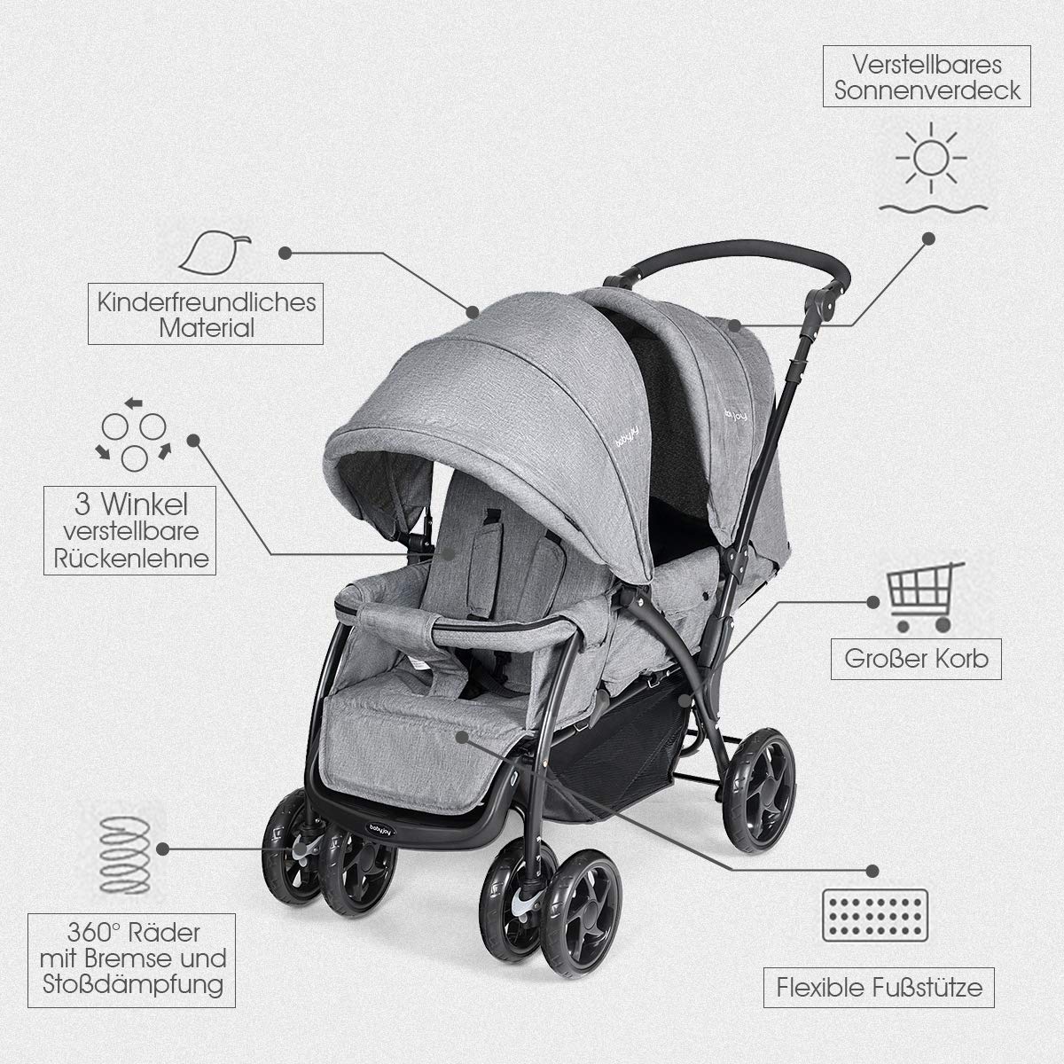 DREAMADE Geschwisterwagen Baby ab Geburt bis 15 kg, Zwillingskinderwagen Faltbar mit verstellbarer Liegeposition und Fußstützen, Zwillingsbuggy mit Verdeck & Sicherheitsgurt