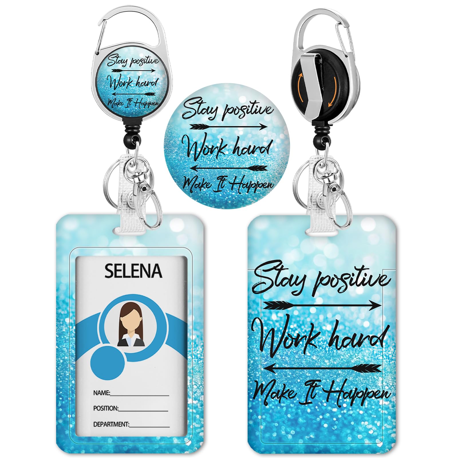 Blue Id Badge Holder, Badge Reel Retractable Keychain, Positive Card Holder with Carabiner Clip Heavy Duty, Id Name Tag Badge Case Protector Cover for Office Work Nurse Teacher Women Student Gifts