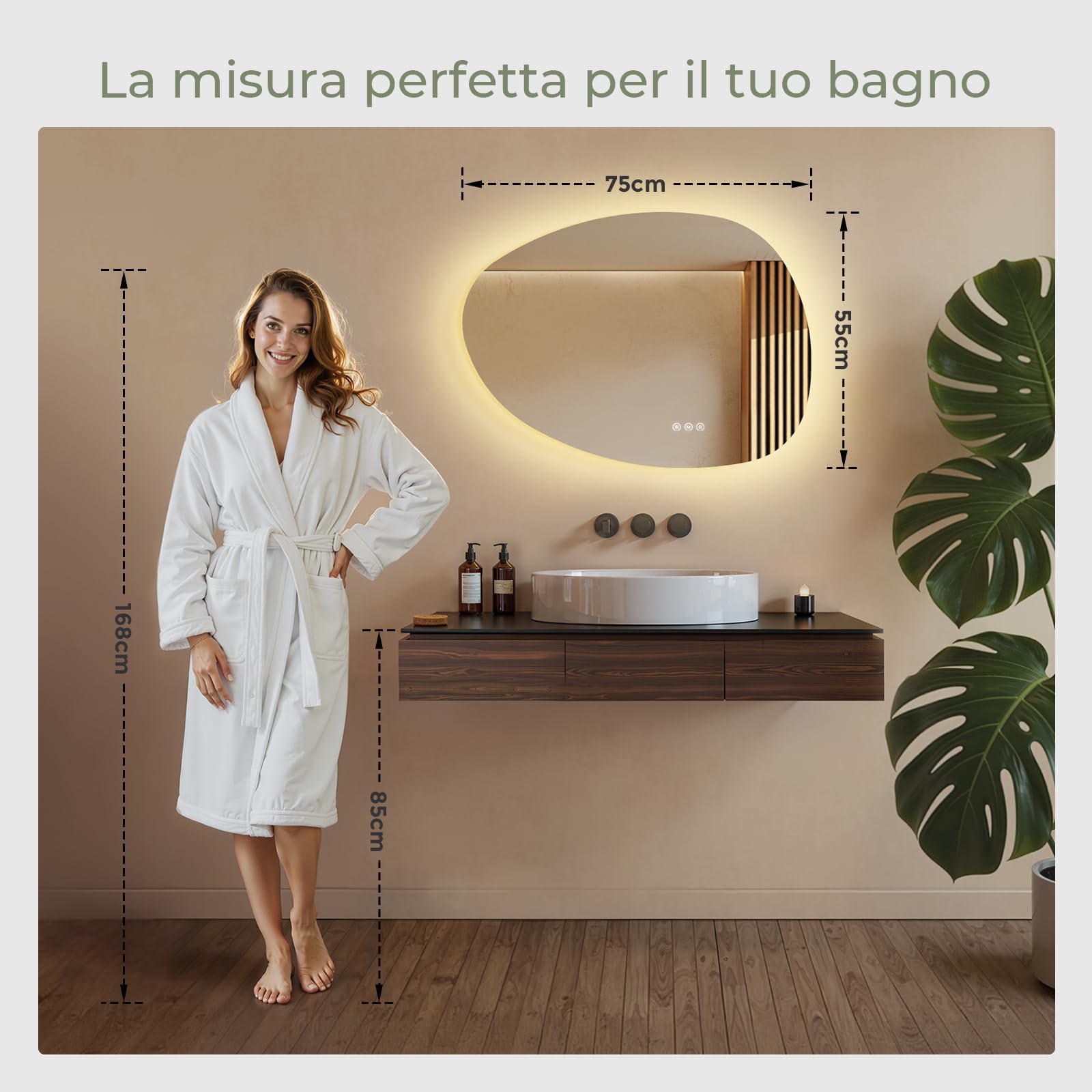 S'AFIELINA Specchio da bagno con luci a LED,75 x 55 cm,con interruttore Smart Touch,luce dimmerabile in 3 colori,anti-appannamento,funzione memoria,retroilluminato,specchio bagno asimmetrico