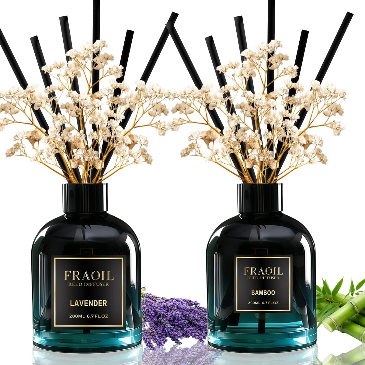 Lavender and Bamboo Reed Diffuser Set 6.7 fl oz (200 ml) with 6 Reed Sticks, Home Fragrance Reed Diffuser for Bathroom Shelf House Bedroom Office Decor