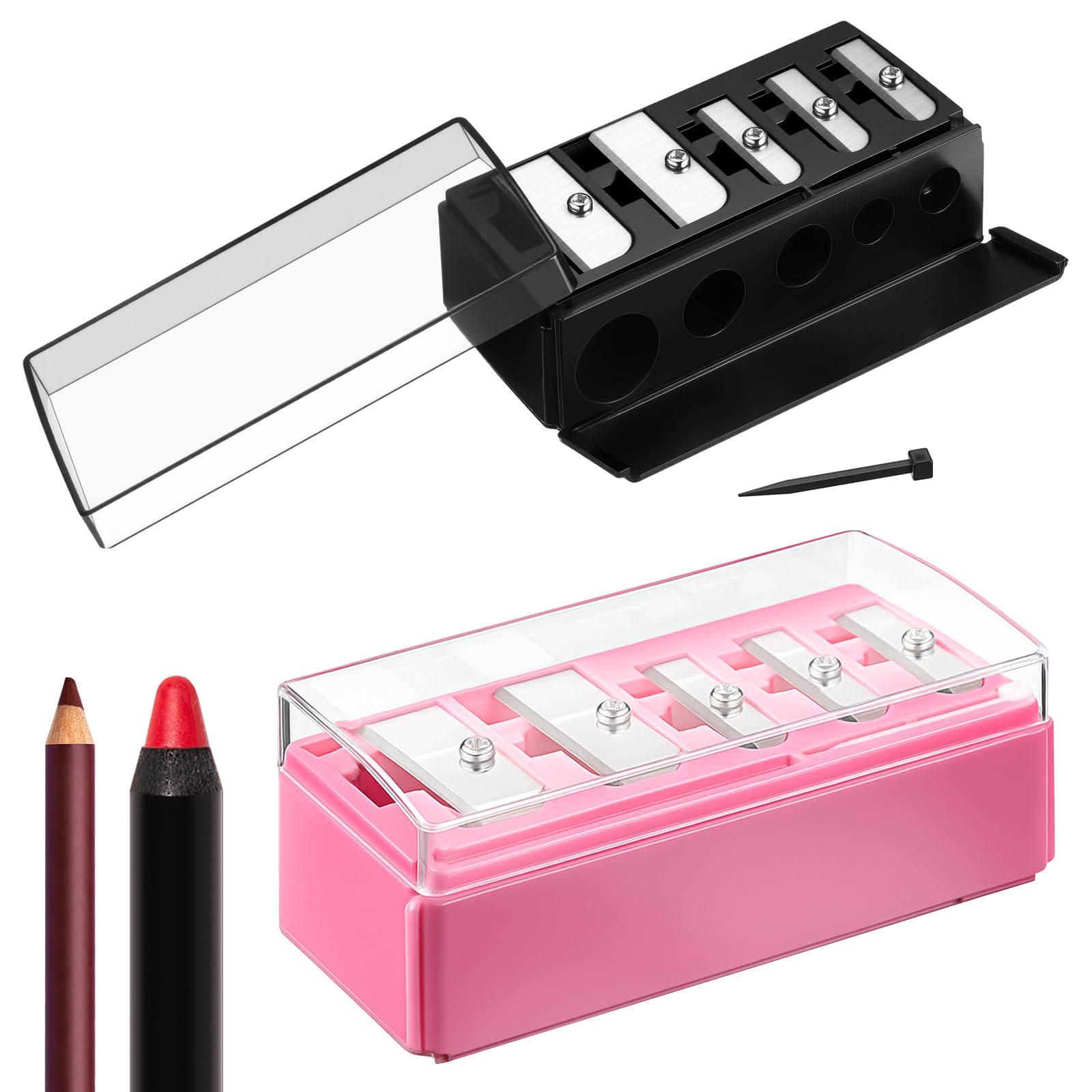 Honoson 2 Pcs 5 Hole Eye Pencil Sharpener with Lid for Makeup, Pink Black
