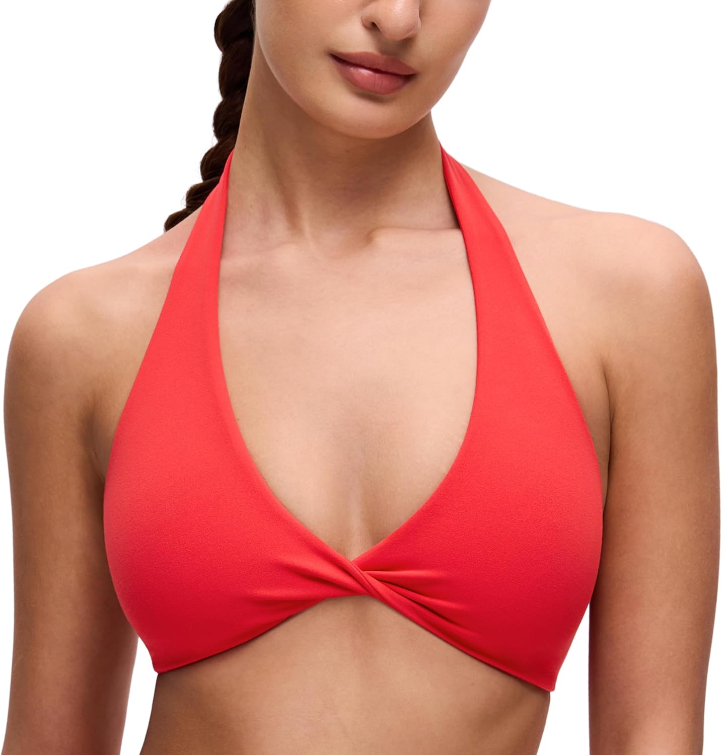 CRZ YOGA Butterluxe Double Lined Twist Halter Sports Bras for Women - Deep V Neck Crop Top Casual Open Back Non Padded