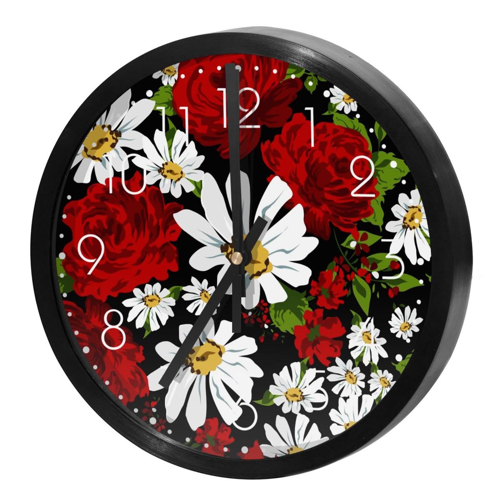 Horloge murale ronde décorative fleur sauvage rouge pour embellir le salon et le bureau