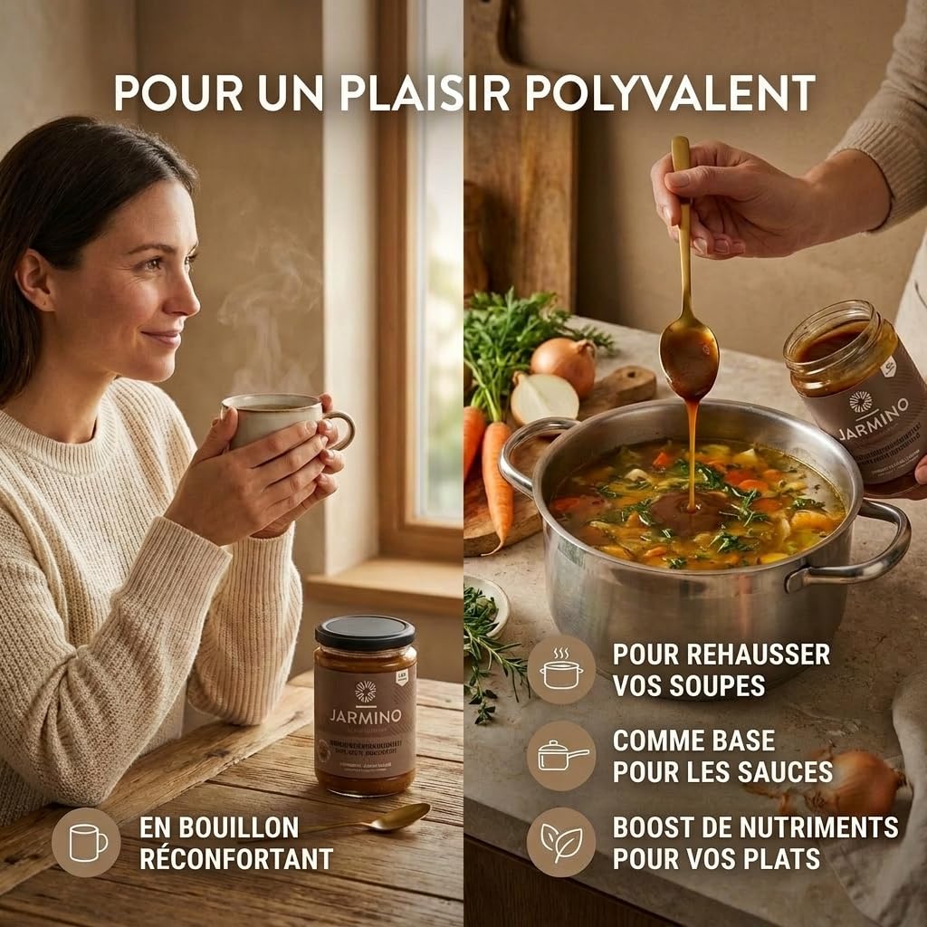 JARMINO Bouillon d’Os Bio Concentré, Bone Broth de Bœuf Élevé en Pâturage et Nourri à l’Herbe, Bouillon Liquide avec Collagène Types 1 2 3, Keto Paleo AIP, 220 g, 22 Portions