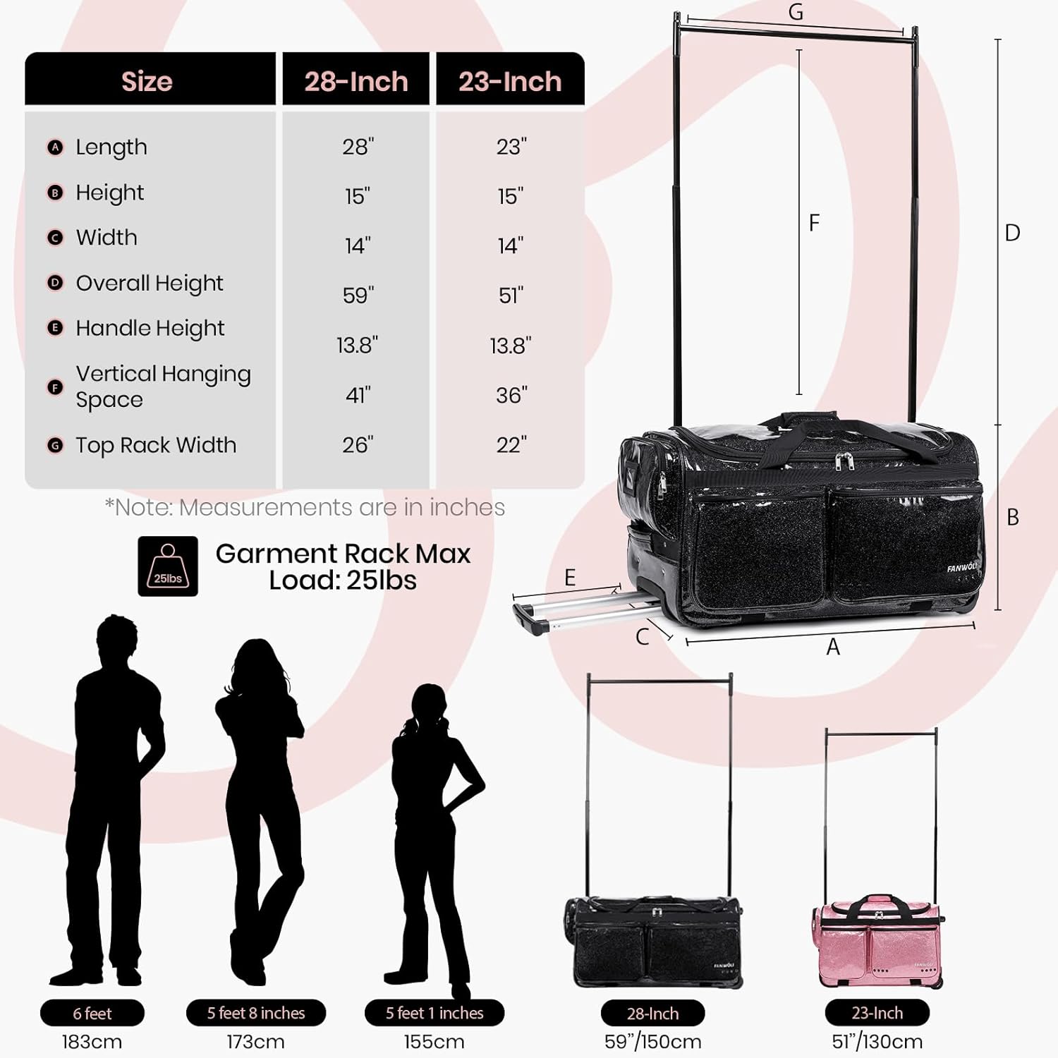 Fanwoli 28" Dance Bag with Garment Rack | Glitter Waterproof Fabric | Shine-Bright Collection | Ideal Rolling Competition Gear Duffel Bag for Professional Dancer Cheerleader Gymnast Cosplayer Skater