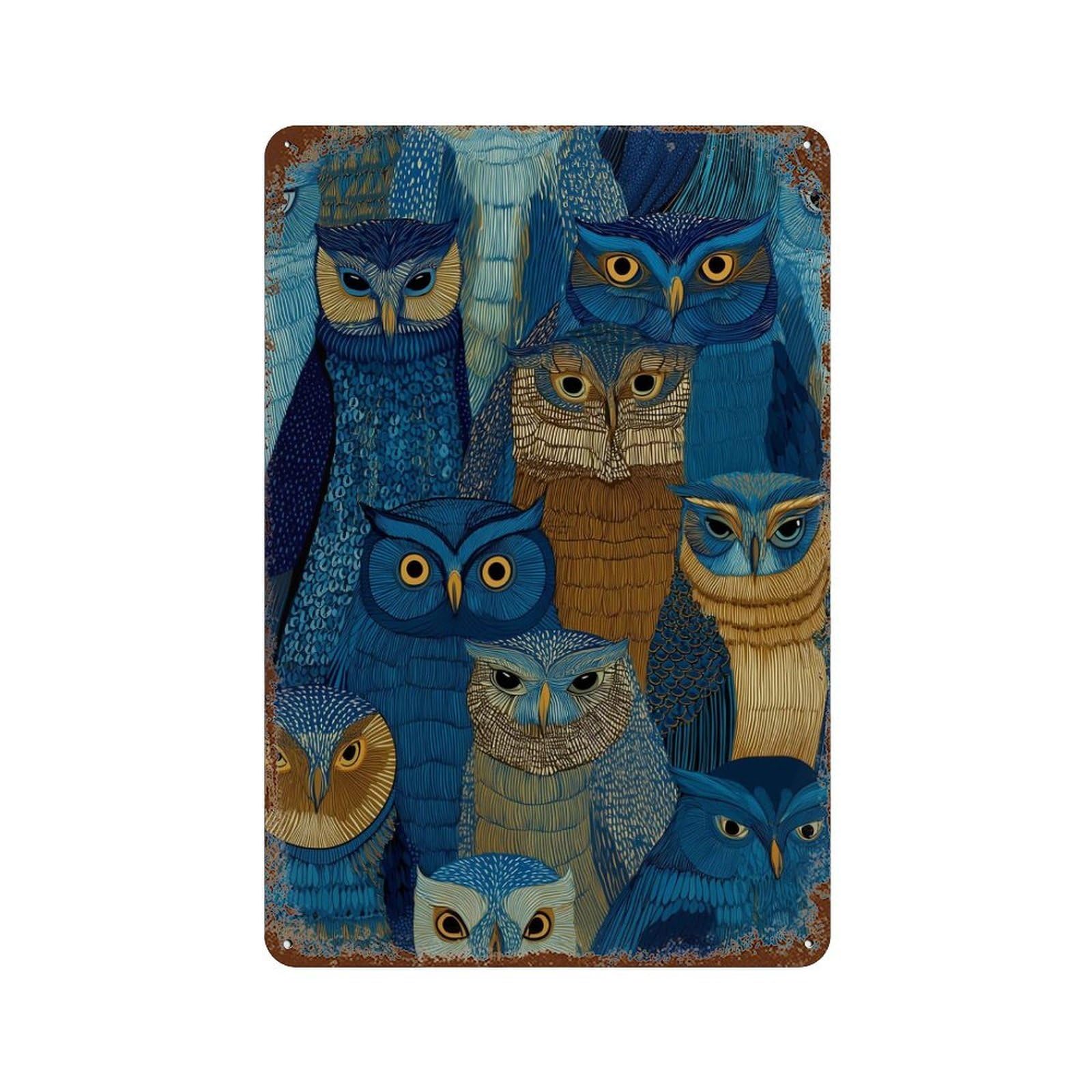 xiaoxiaoshen Owl Colorful Modern Animal Blue And Gold Boho Woodland Unique Bird Lover Wall Decor Art Metal Tin Poster Modern Home Decor Art Home Bar Shop Decorations Vintage Sign 30x20cm