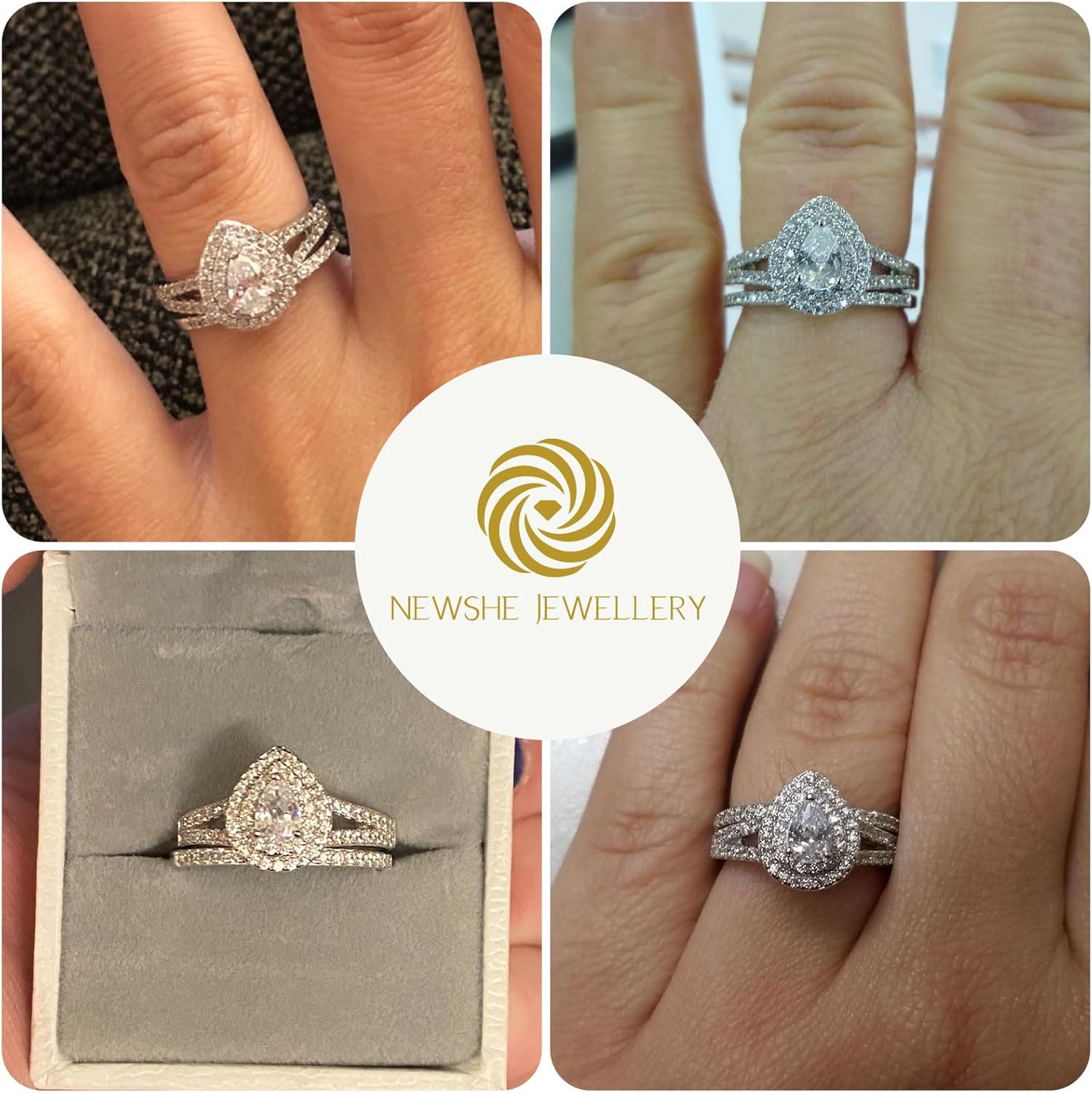 Newshe Jewellery Cubic Zirconia Wedding Rings for Women 925 Sterling Silver Engagement Bridal Ring Set Pear White Promise Anniversary Band Size 4-13 - Image 3