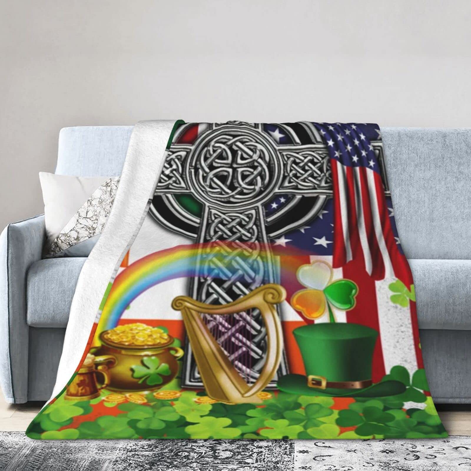 Lsjuee Flannel Fleece Blanket 60"X50" Irish American Happy St. Patrick‘s Day Bed Throw Blanket Weighted Ultra-Soft Travel Spring Blankets for Couple Keep Warm