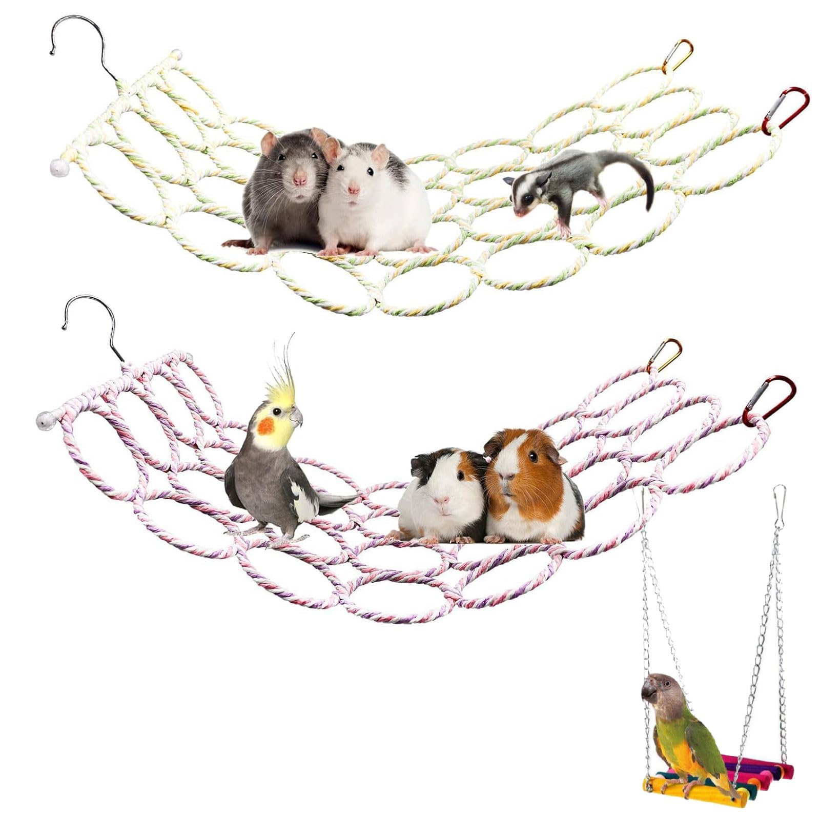 2 Pack Hanging Rat Rope Net with Parrot Swing, Natural Cotton Climbing Toy Set for Small Animal Cage, Rat Cage Accessories for Hamsters, Birds & Parrots, Complete Climbing Playground