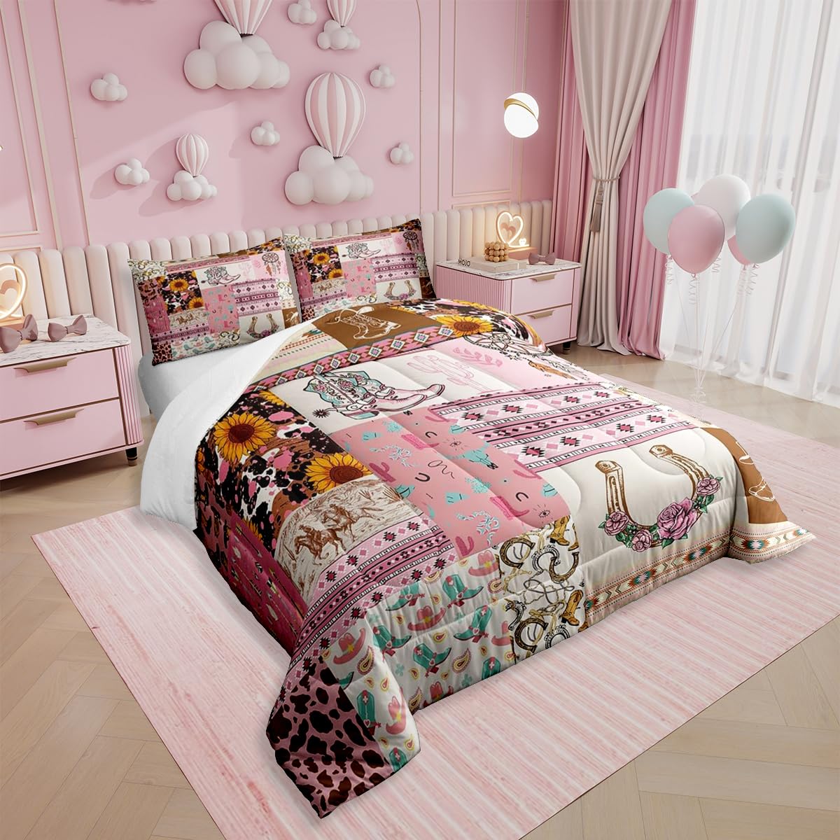 Erosebridal Western Bedding Pink Cowgirl Twin Comforter Set for Toddler Girls Cow Print Bedding Comforter Sets, Boho Cow Fur Western Style Duvet Set Farmhouse Horseshoe Pattern Quilt 2 Pieces