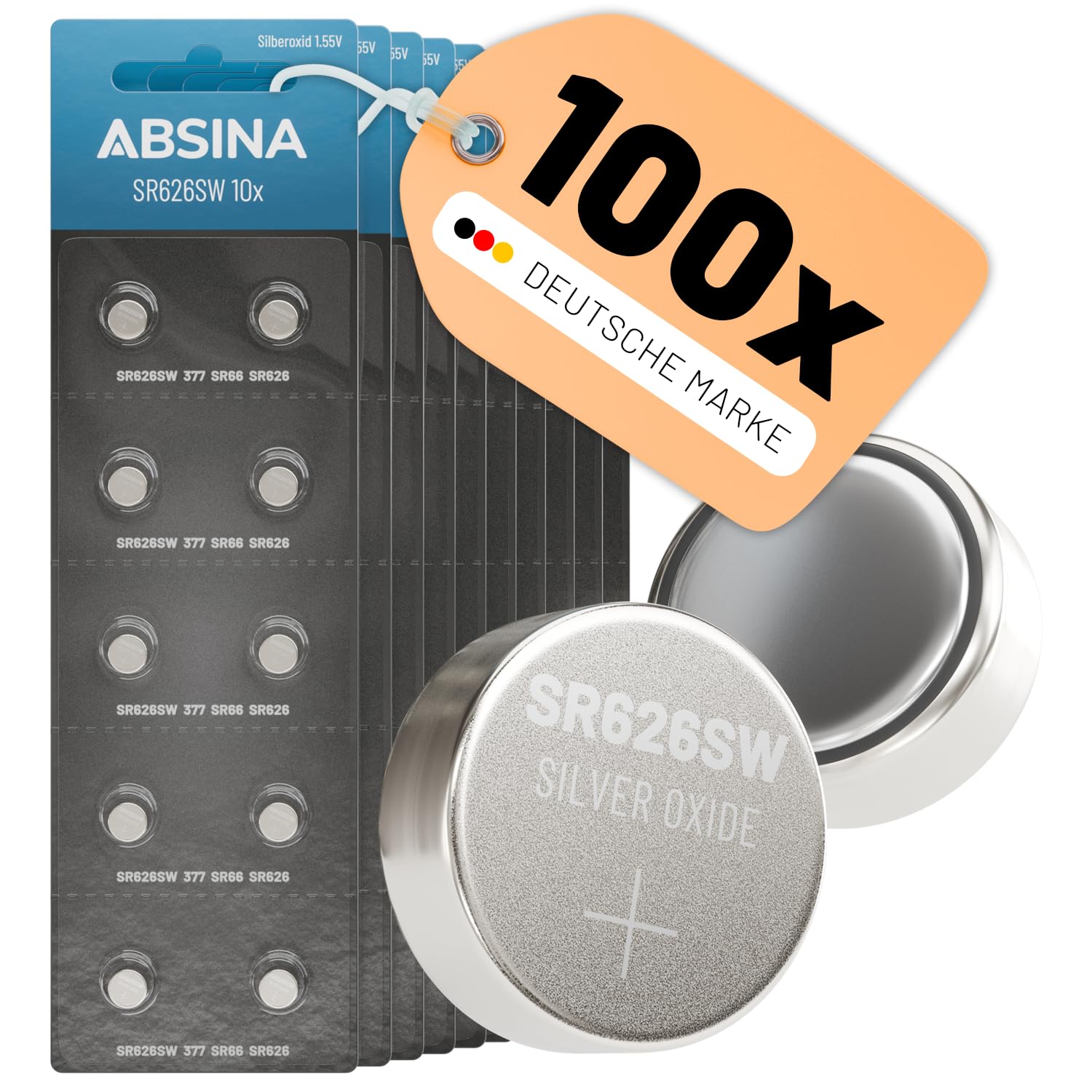 ABSINA SR626SW Uhrenbatterie 1,55V Silberoxid 100er Pack - Knopfzellen SR626SW auslaufsicher & Lange Haltbarkeit - Batterie SR 626 SW / 377 / SR66 / SR626 / 626 / AG4 - Uhrenbatterien Knopfzelle
