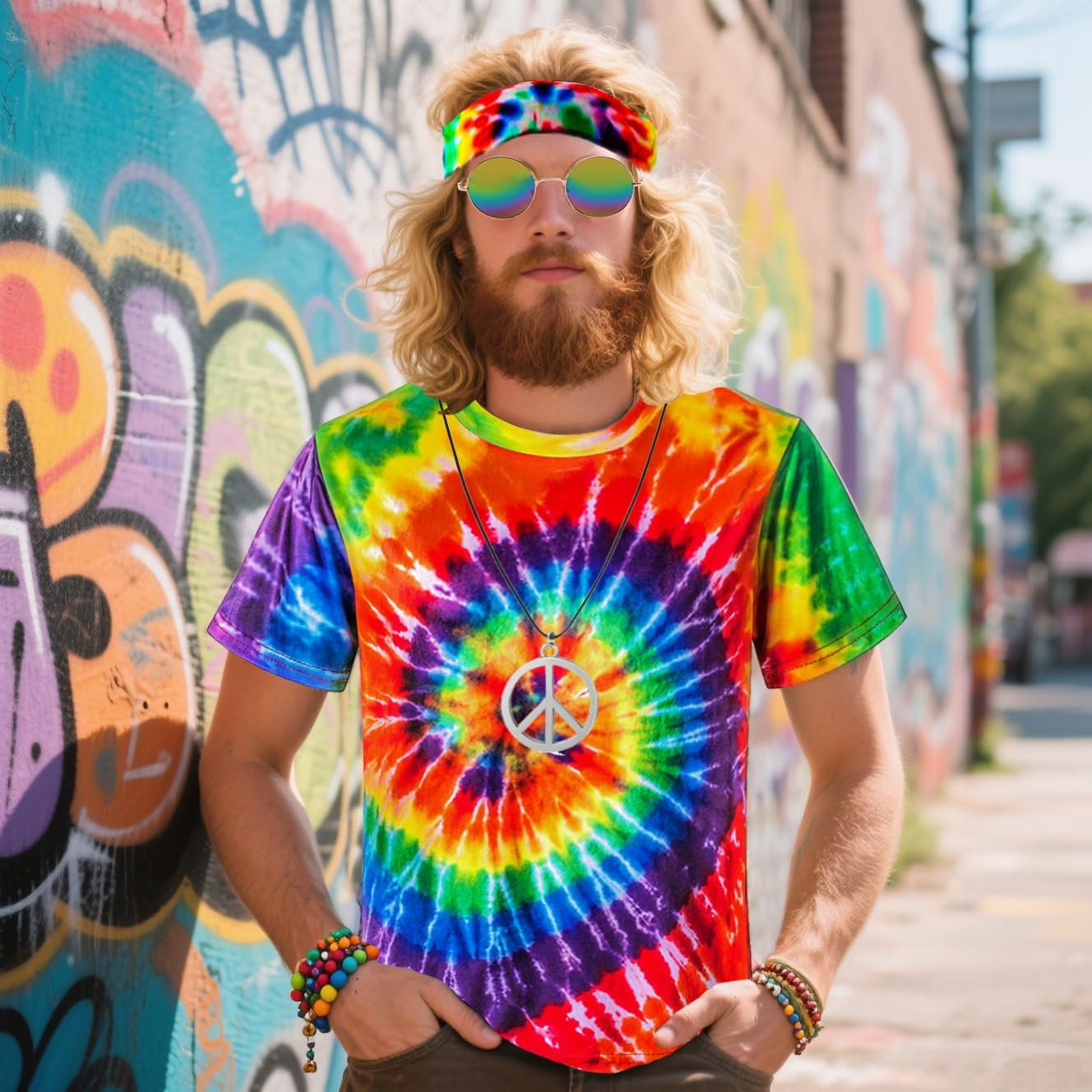 Hippie Costume for Men Momen 60s 70s Colorful T-Shirt 5 PCS Accessories Set for Theme Party - Image 3