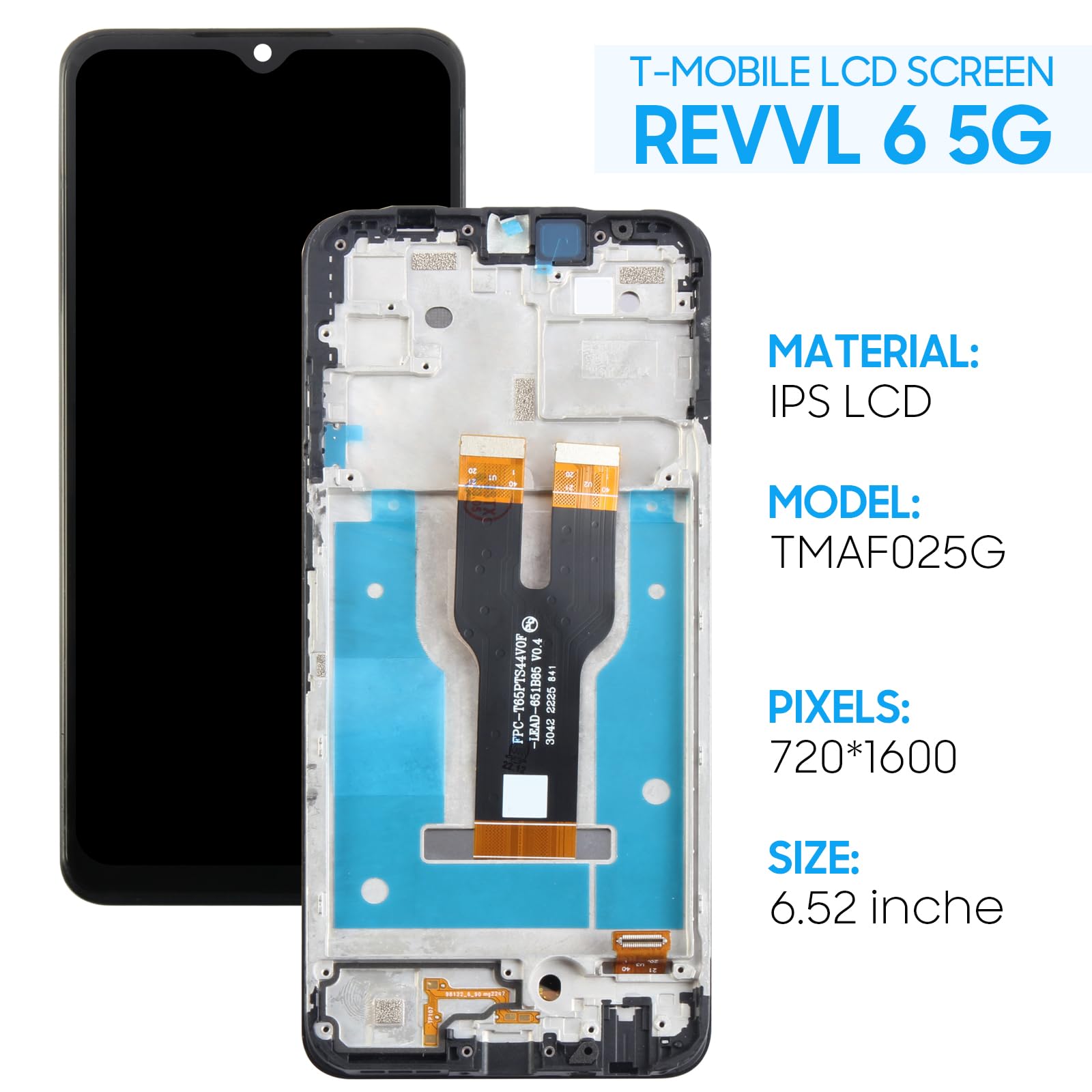 Yondista for T-Mobile Revvl 6 5G LCD Display Screen Replacement Touch Digitizer Glass Assembly - Black with Frame - Tools & Protector