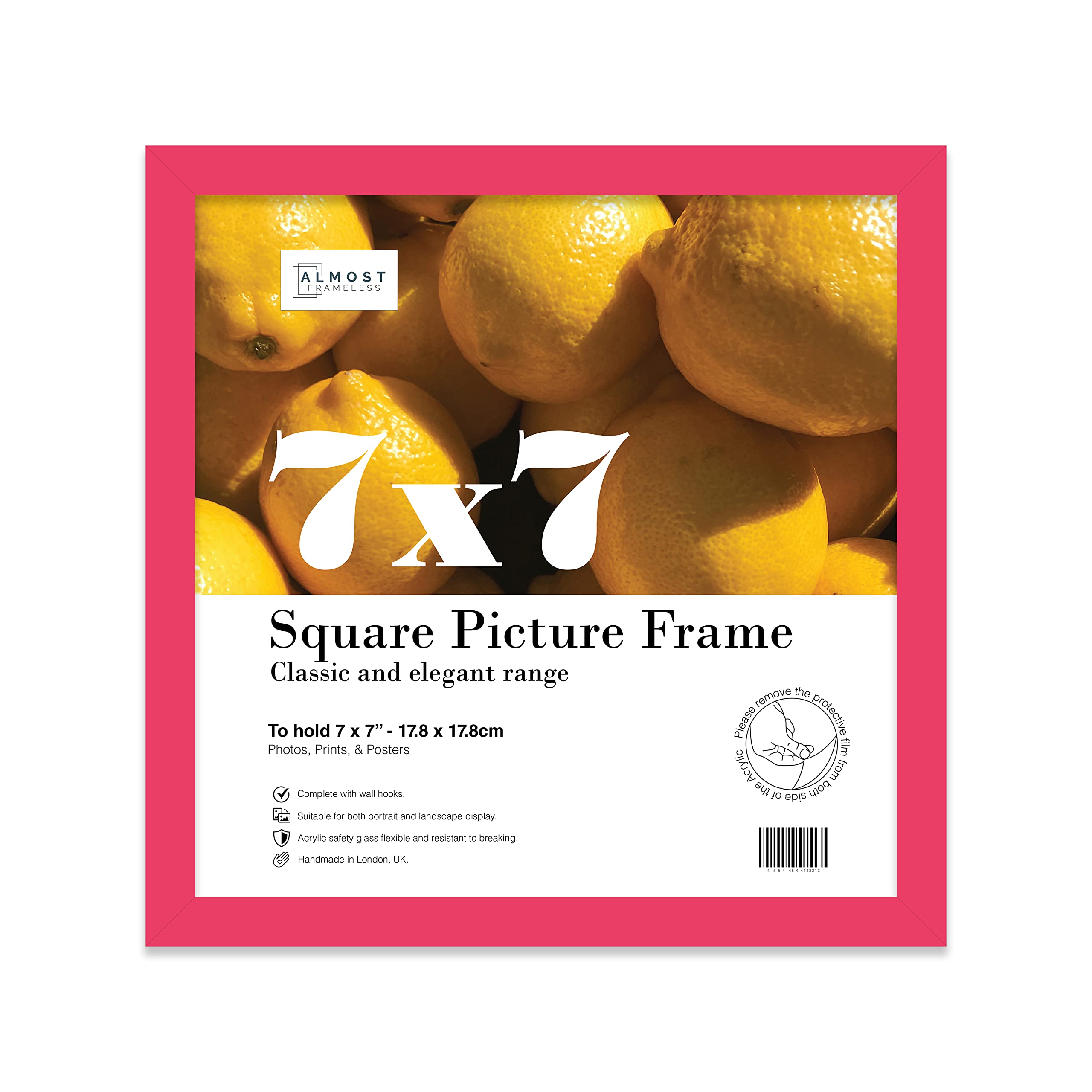 Almost Frameless 7x7 Bright Pink Picture Frame 7"x7" (17.8x17.8cm) Poster, Photo, Artwork, or Print. Thin Edge Slim Frame Portrait and Landscape Display with Wall Hooks
