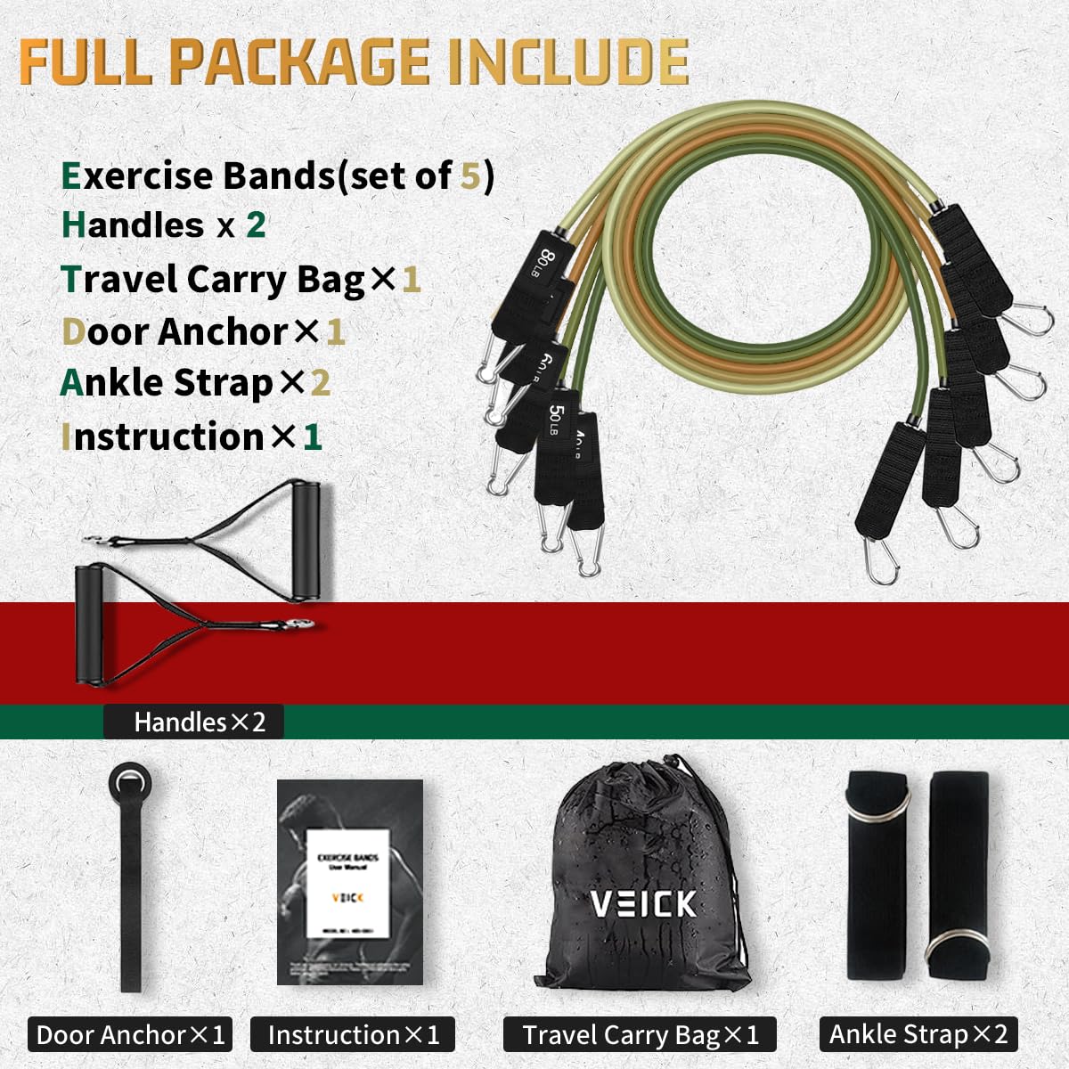 VEICK Lot de Bandes de résistance pour Gymnastique, Pilates, physiothérapie, Stretching, Yoga, Gymnastique à la Maison pour Hommes et Femmes