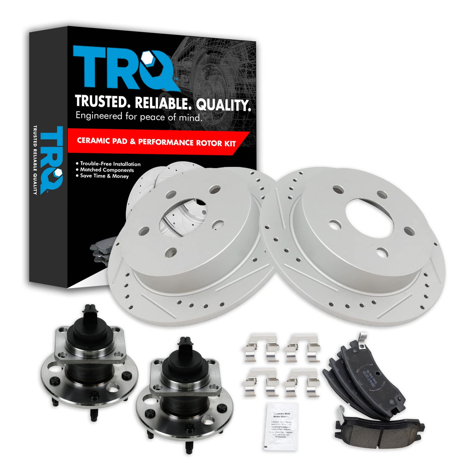 TRQ Performance Rear Brake Pad and Rotor Set Ceramic Coated Drilled Slotted Wear Sensor Compatible with 1999-2004 Oldsmobile Alero 1999-2005 Pontiac Grand Am