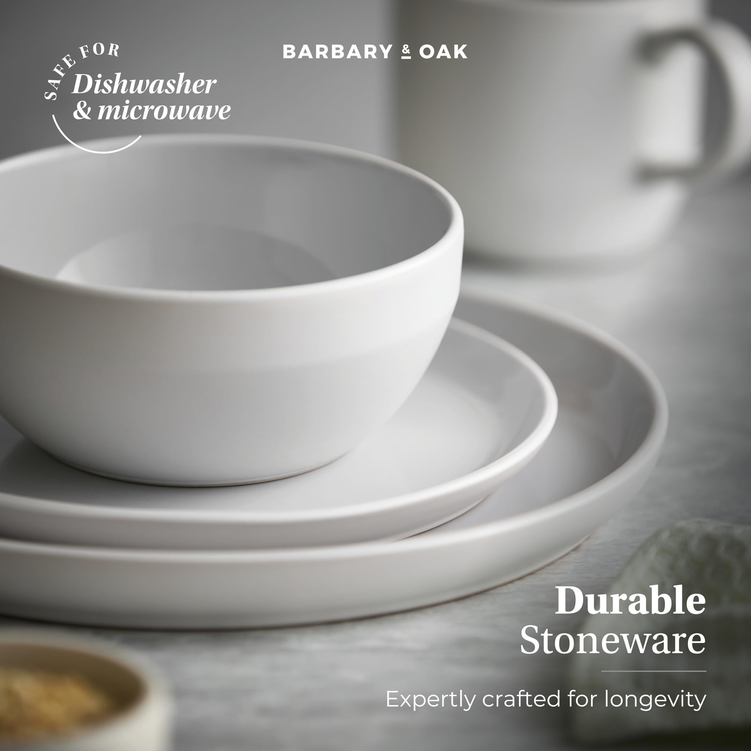 Barbary & Oak BO867004GRY Oslo 16-teiliges Geschirr-Set, Steinzeug, Weiß und Nimbus-Grau
