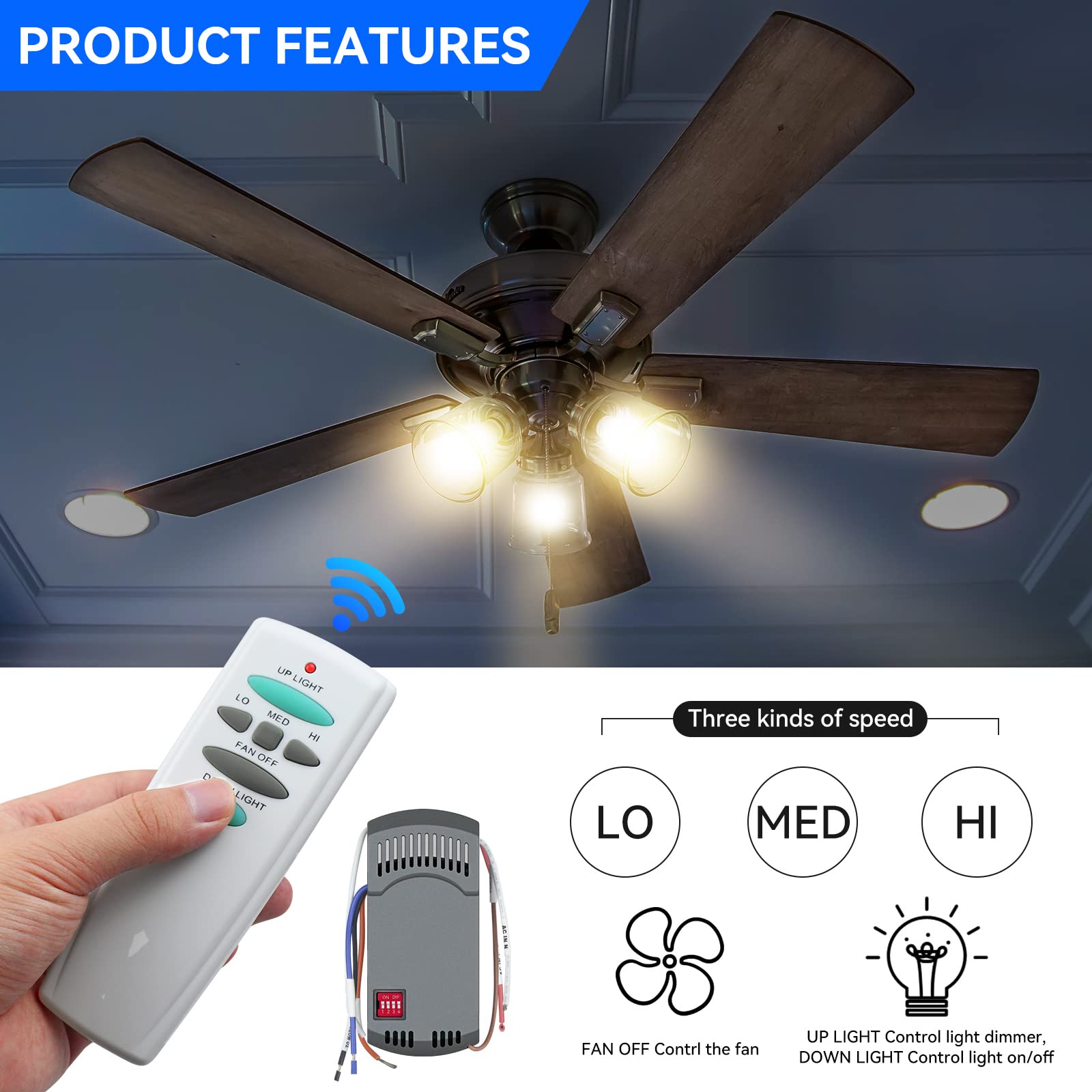 Anderic Ricevitore Universale UC7067GMRX Per Ventilatore A Soffitto – Compatibile Con Hampton Bay – Controllo Luci Up/Down E Velocità, Telecomando UC7078T