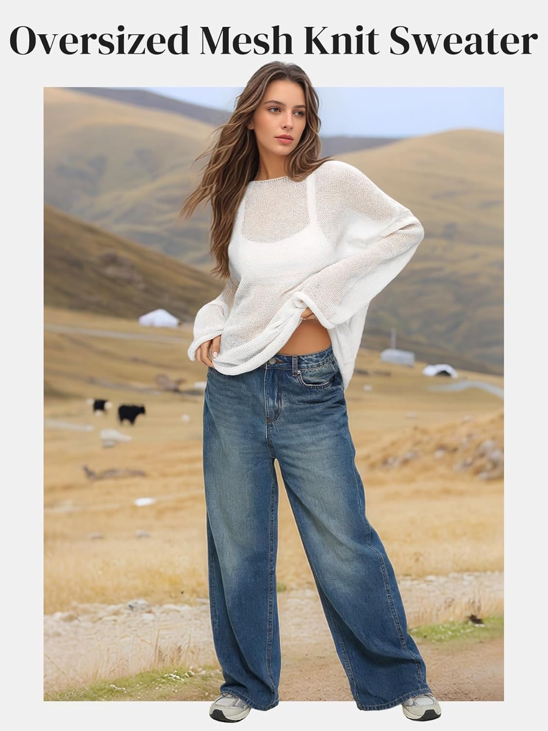 Women's Oversized Sheer Mesh Knit Sweater, Bell Long Sleeve Hollow Out Pullover Tops Trendy Casual Outfits - Image 6