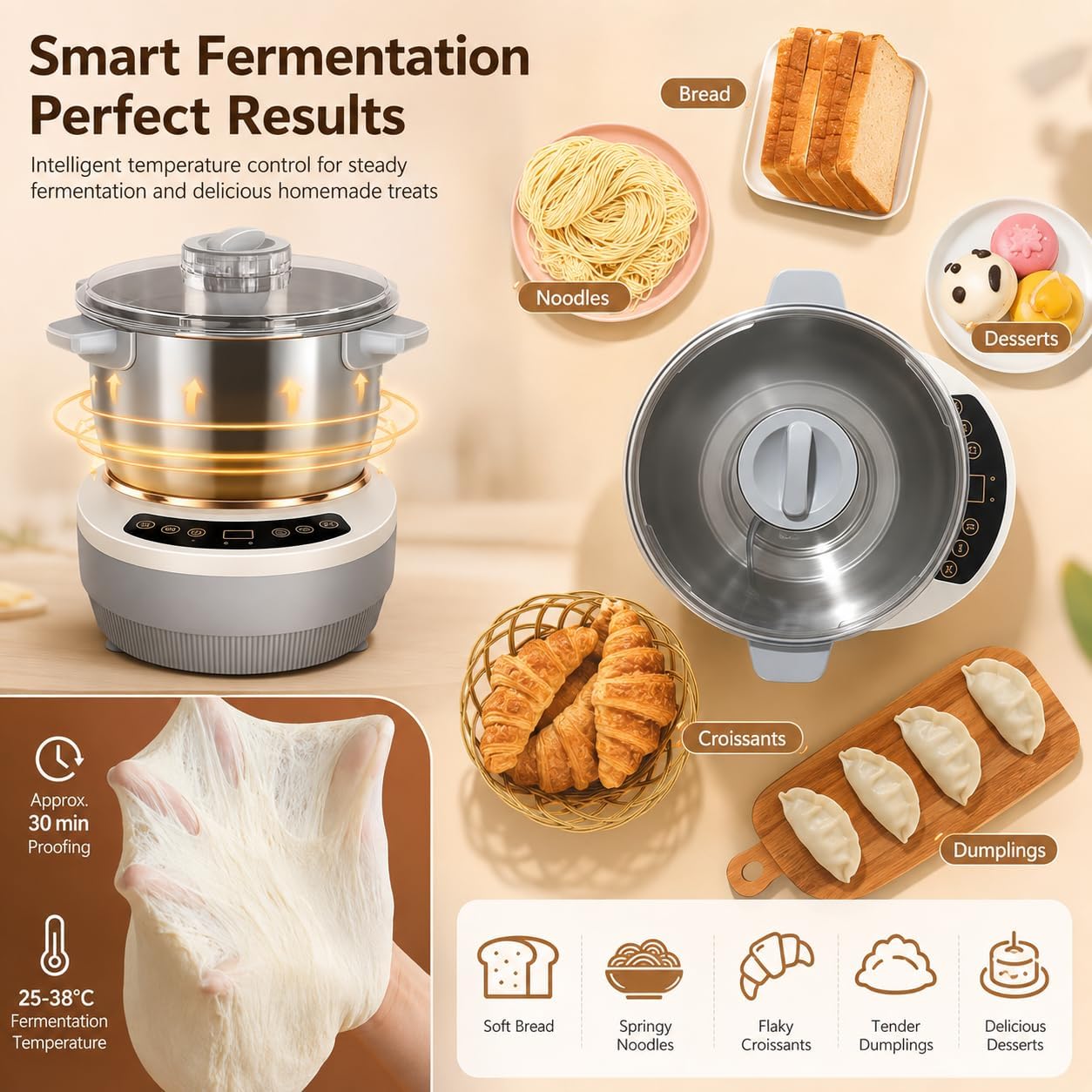 Máquina para hacer masa con fermentación, cuenco de acero inoxidable de 5 L