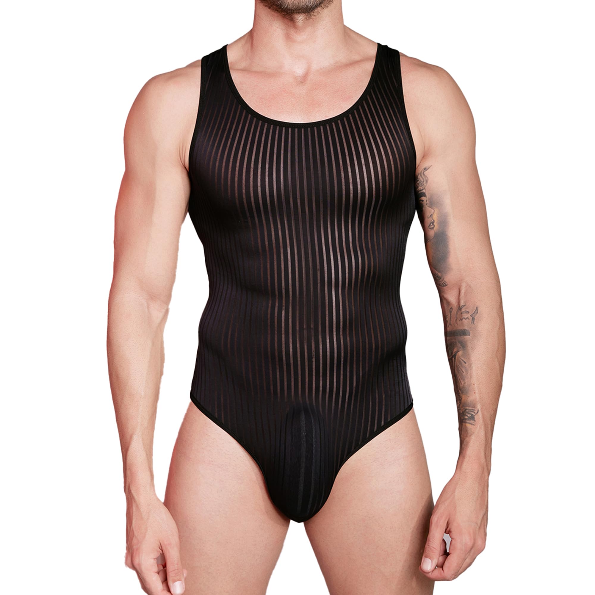 QiaTi Men’s Striped Sheer Bodysuit Slim Sport Undershirts Sexy Briefs Jumpsuit Sleeveless Wrestling Singlet Stretchy One-piece Leotard
