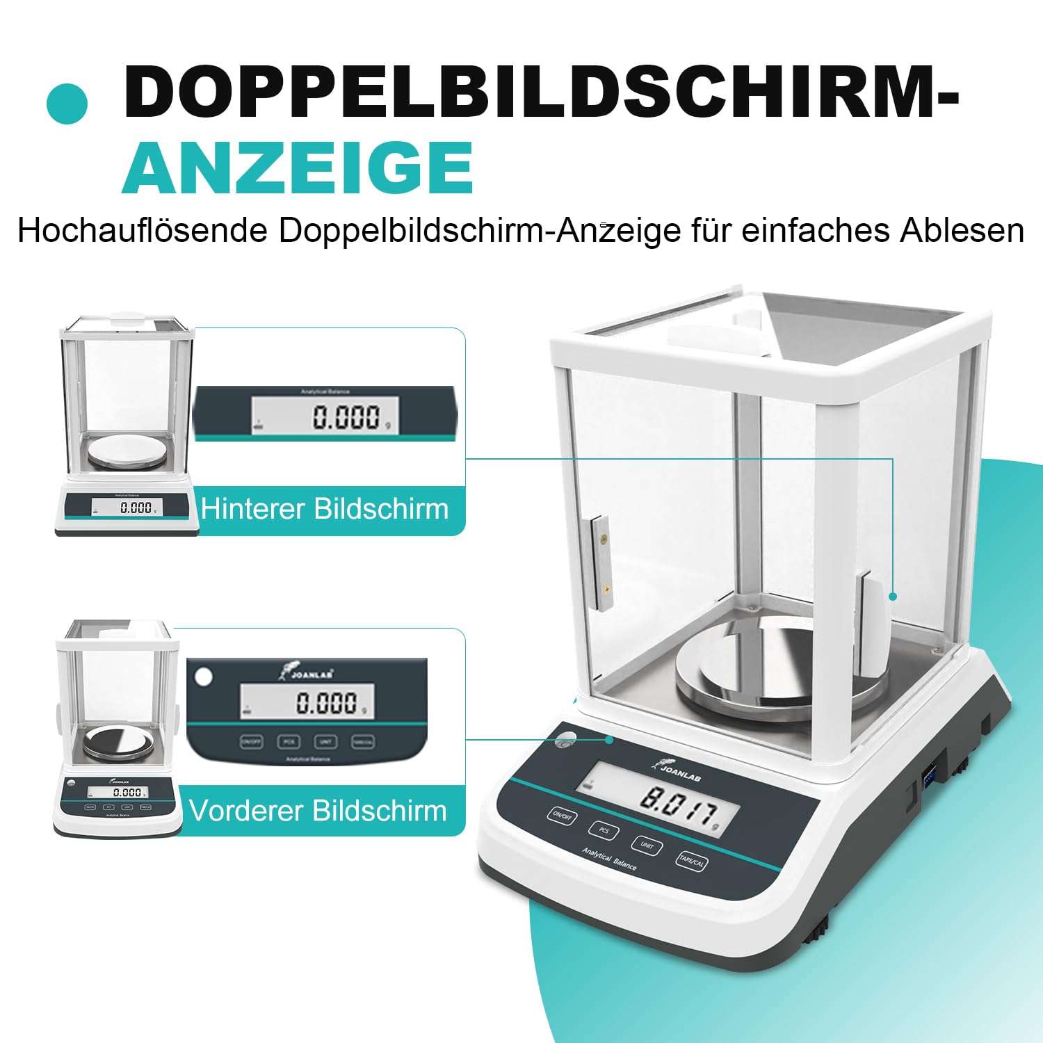 JOANLAB Analysenwaage 500g x 0,001g Hochpräzise Laborwaage Externe Kalibrierung Beleuchtete LCD-Anzeige FA5003S
