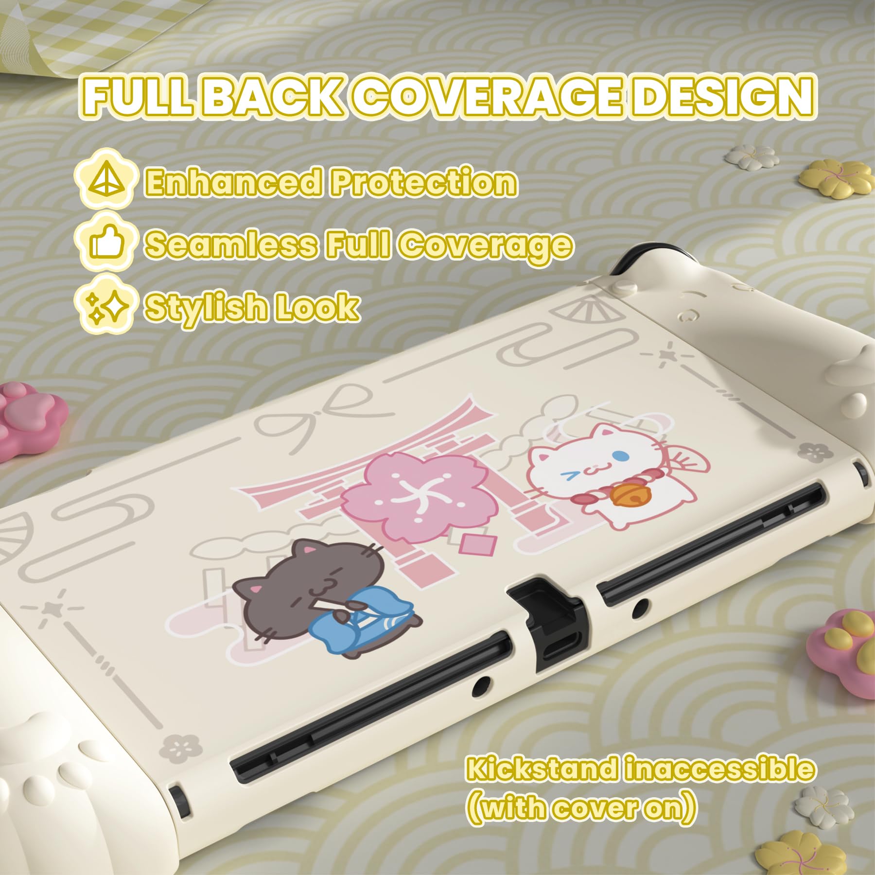 playvital Cover Dockable per Nintendo Switch OLED, Custodia Grip Silicone per Joycon &Copertura Console Protettiva Rigida &Supporto Regolabile &Copri Analogici Carini, Gattino di Fiori-Giallo Antico