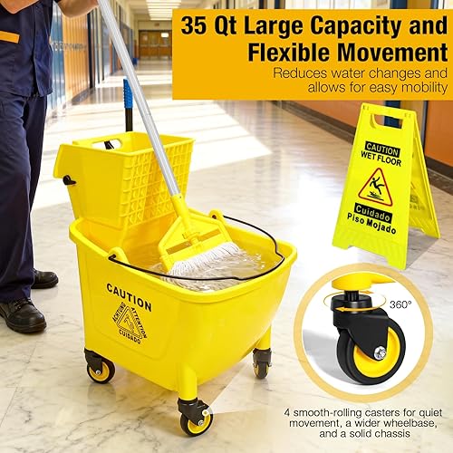 Miniatura 3 de Cubo de trapeador comercial de 35 cuartos de galón con escurridor de prensa lateral sobre ruedas, juego de trapeador industrial resistente y cubo