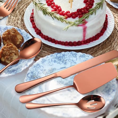 Miniatura 7 de Juego de utensilios de cobre, cubiertos de acero inoxidable de oro rosa, cuchillo para tartas, tenedor y cuchara grande, espátula, catering,