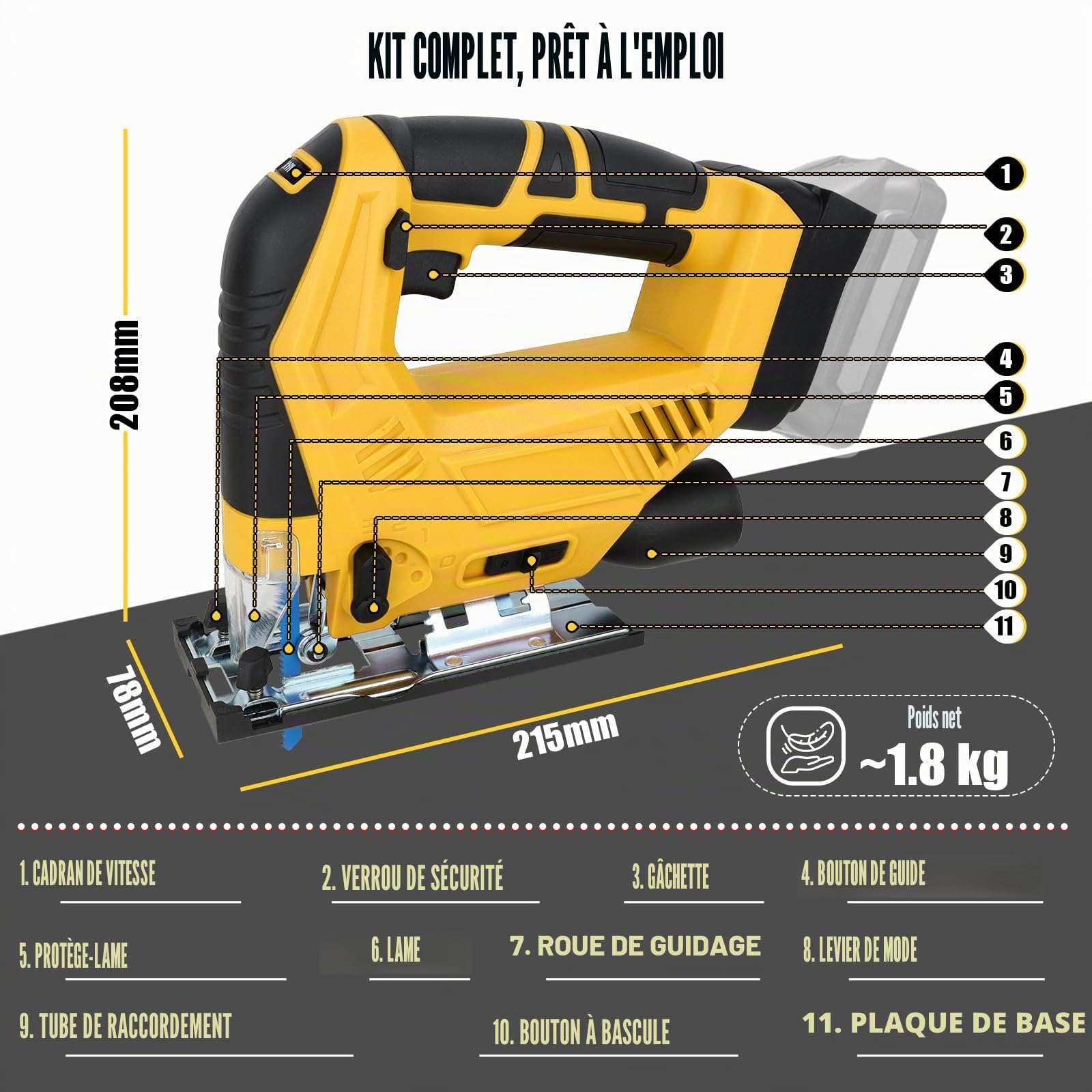 Scie Sauteuse Sans Fil 20V, Scie Sauteuse Électrique 300W avec Vitesse Variable 0-2700 tr/min et Biseau 0-45°, Réglage à 4 Vitesses, Compatible avec Dewalt, avec 15 Lames (Batterie Non Incluse)