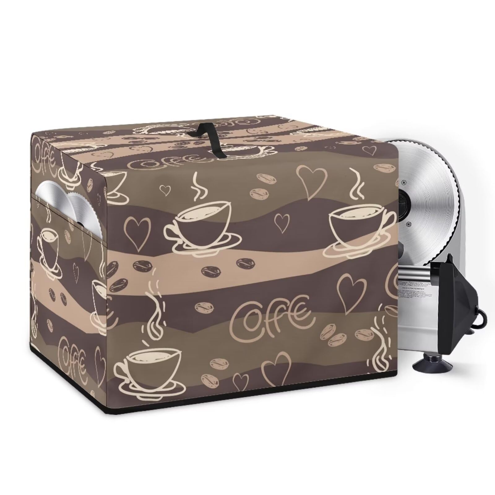 NETILGEN Meat Slicer Cover Stain Resistant Deli Slicer Protective Cover Cheese Cutter Cover with Storage Pocket for Slicer's Manual, Stainless Steel Blade, Coffee Love Heart Brown