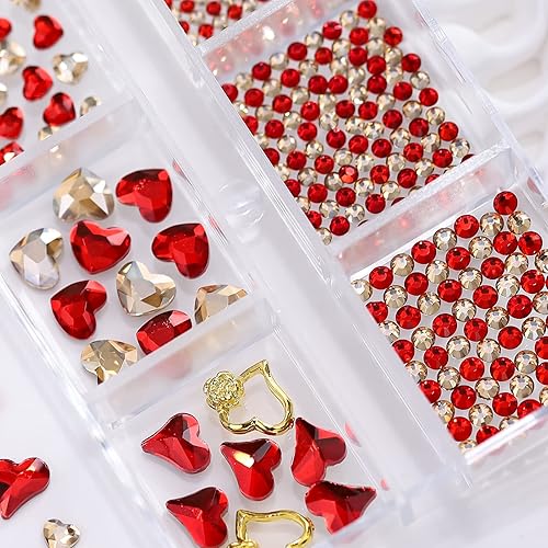 Miniatura 8 de 1 caja de 767 dijes de corazón rojo hueco 3D para decoración de uñas, gemas de amor, decoración de uñas con purpurina, corazón rojo champán, día del