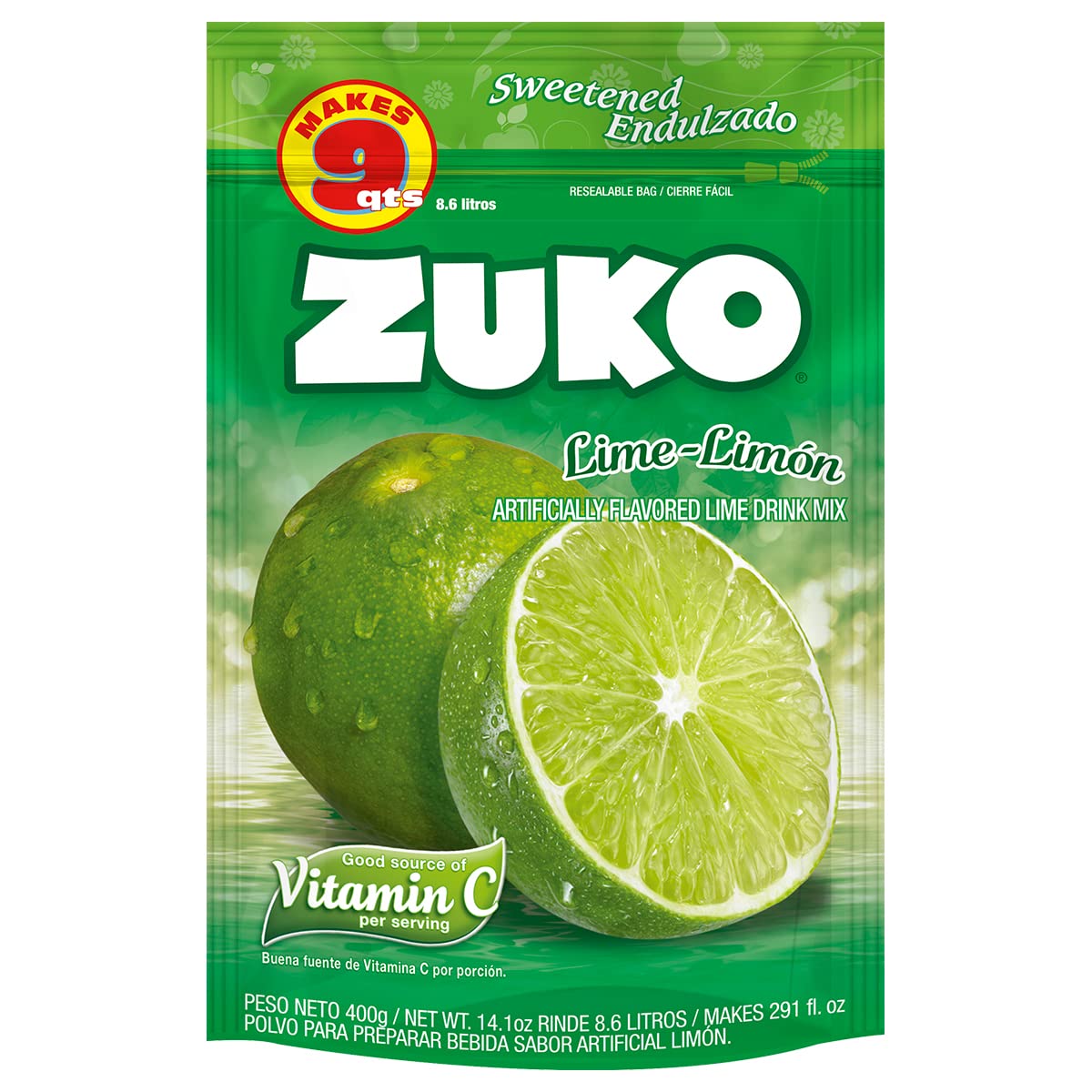 Zuko Lime-Limon Instant Powder Drink | Family Pack | No Sugar Needed | Vitamin C | 14.1 Ounce (Pack of 6)