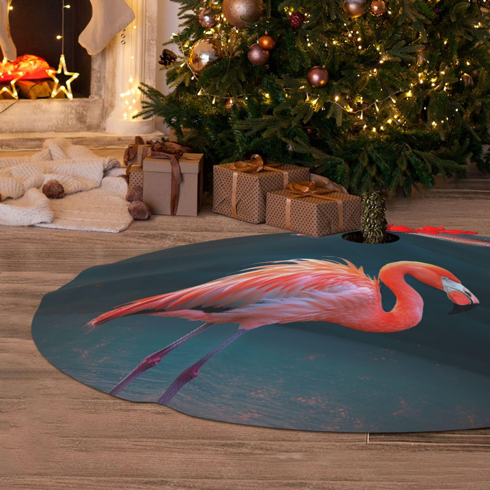 Décorations de Noël jupe de sapin peluche 121,9 cm tapis flamant rose vif