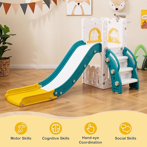Miniatura 8 de BABY JOY Tobogán para niños pequeños, juego de tobogán 6 en 1 para interiores con aro de baloncesto, telescopio, escalera de escalada y espacio de