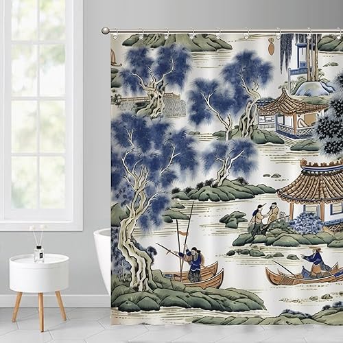 Miniatura 3 de Cortina de ducha azul y verde chinoiserie de pinos chinos, tela de pabellón chino, forro de cortina de ducha impermeable para decoración de bañeras