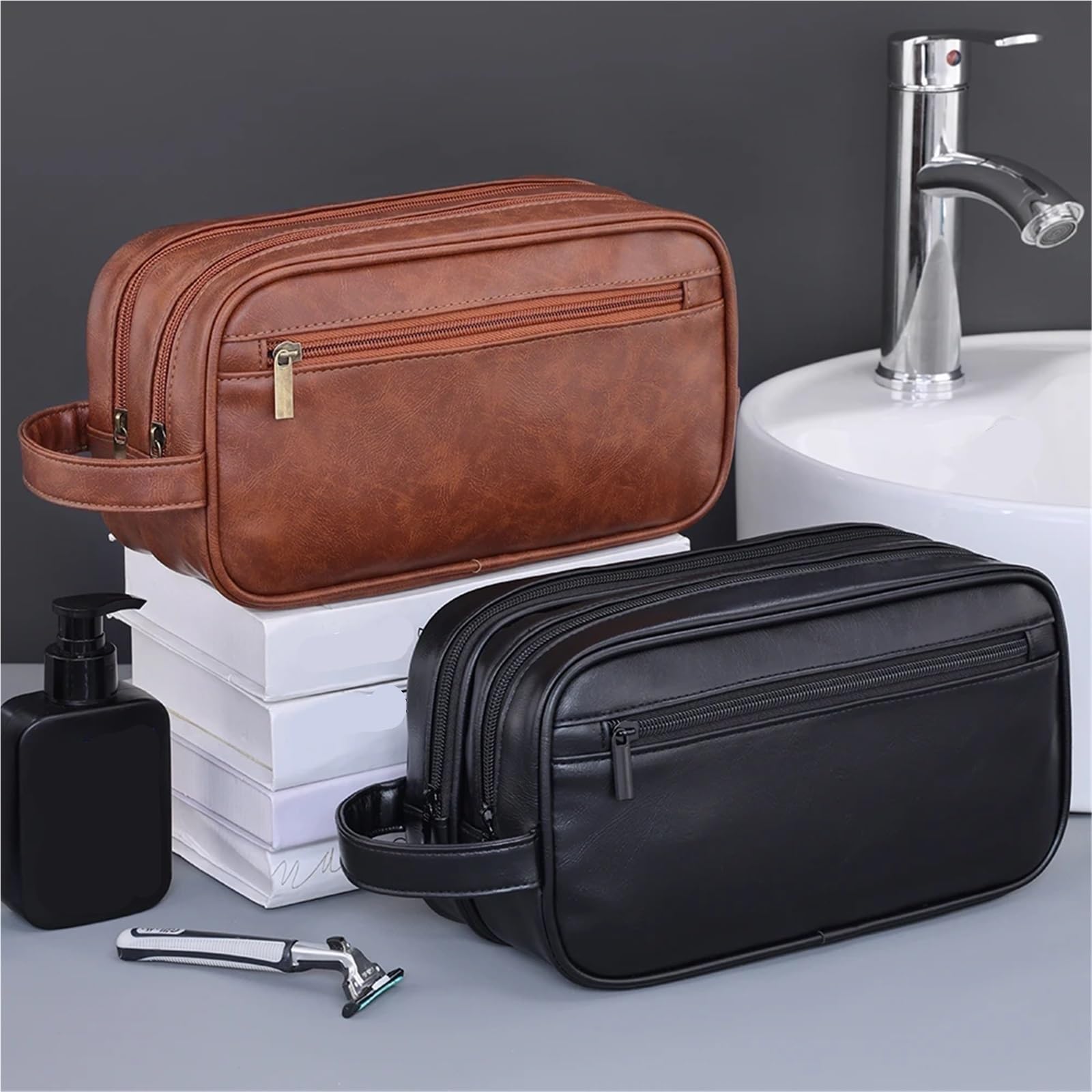 Neceser De Viaje Neceser de Doble Capa for Hombre, Organizador de Lavado de Viaje de Cuero PU, Bolsa de cosméticos de Afeitado Resistente al Agua, Almacenamiento para Viajes(Coffee)