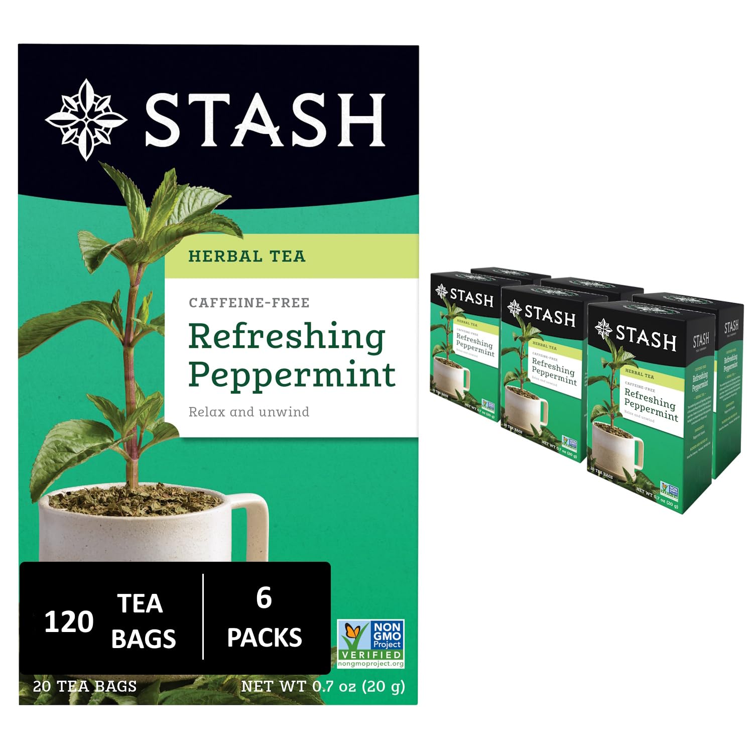 Stash Tea Peppermint Herbal Tea - Naturally Caffeine Free, Non-GMO Project Verified Premium Tea with No Artificial Ingredients, 20 Count (Pack of 6) - 120 Bags Total