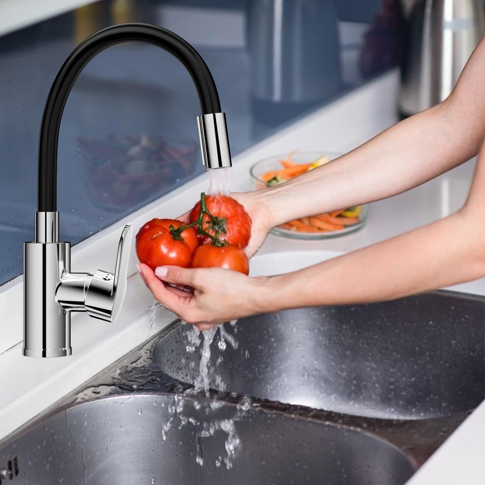 Mitigeur Évier Bec Flexible Robinet Cuisine Noir 360° Rotative Aérateur Économiseur Eau