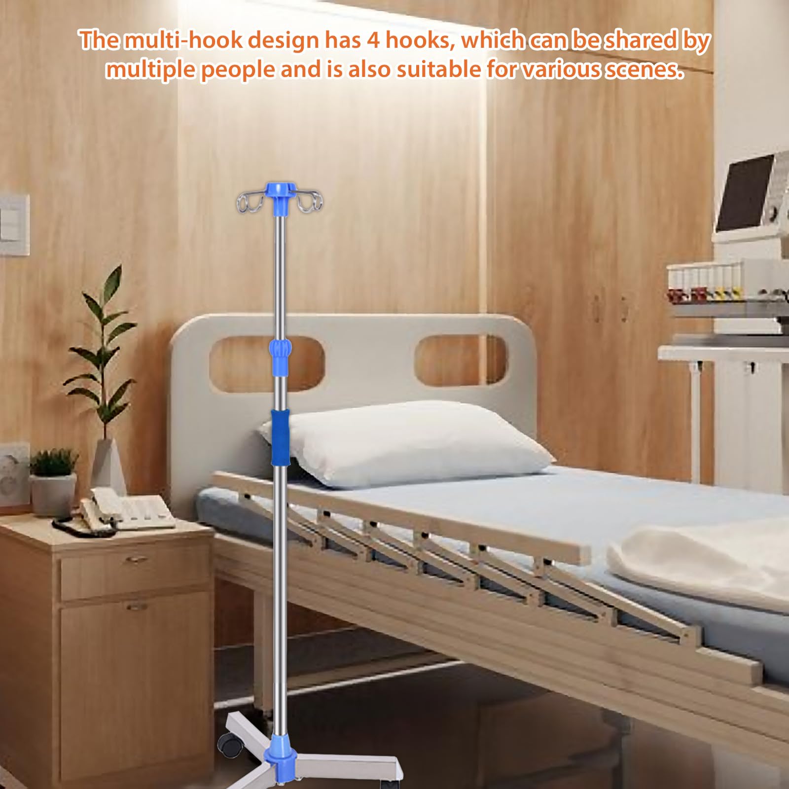Asta Per Flebo con 4 Ganci e 3 Ruote Rimovibili,Portaflebo Portatile con Rotelle,Altezza Regolabile per l'assistenza Domiciliare Ospedaliera